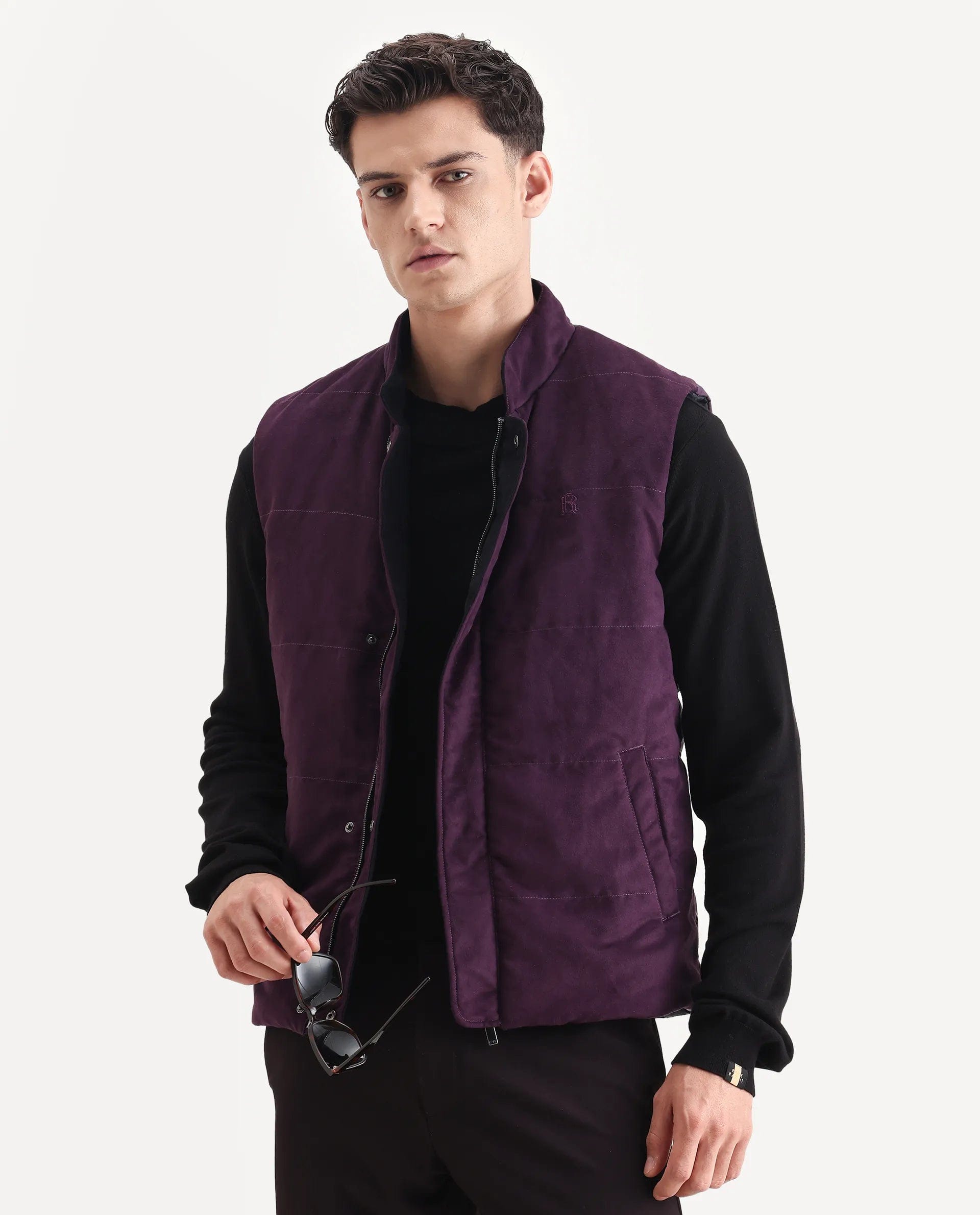 RARE Rabbit Men's Raldo - 25 Purple Polyester Blend Fabric High Neck Regular Fit Plain Jacket