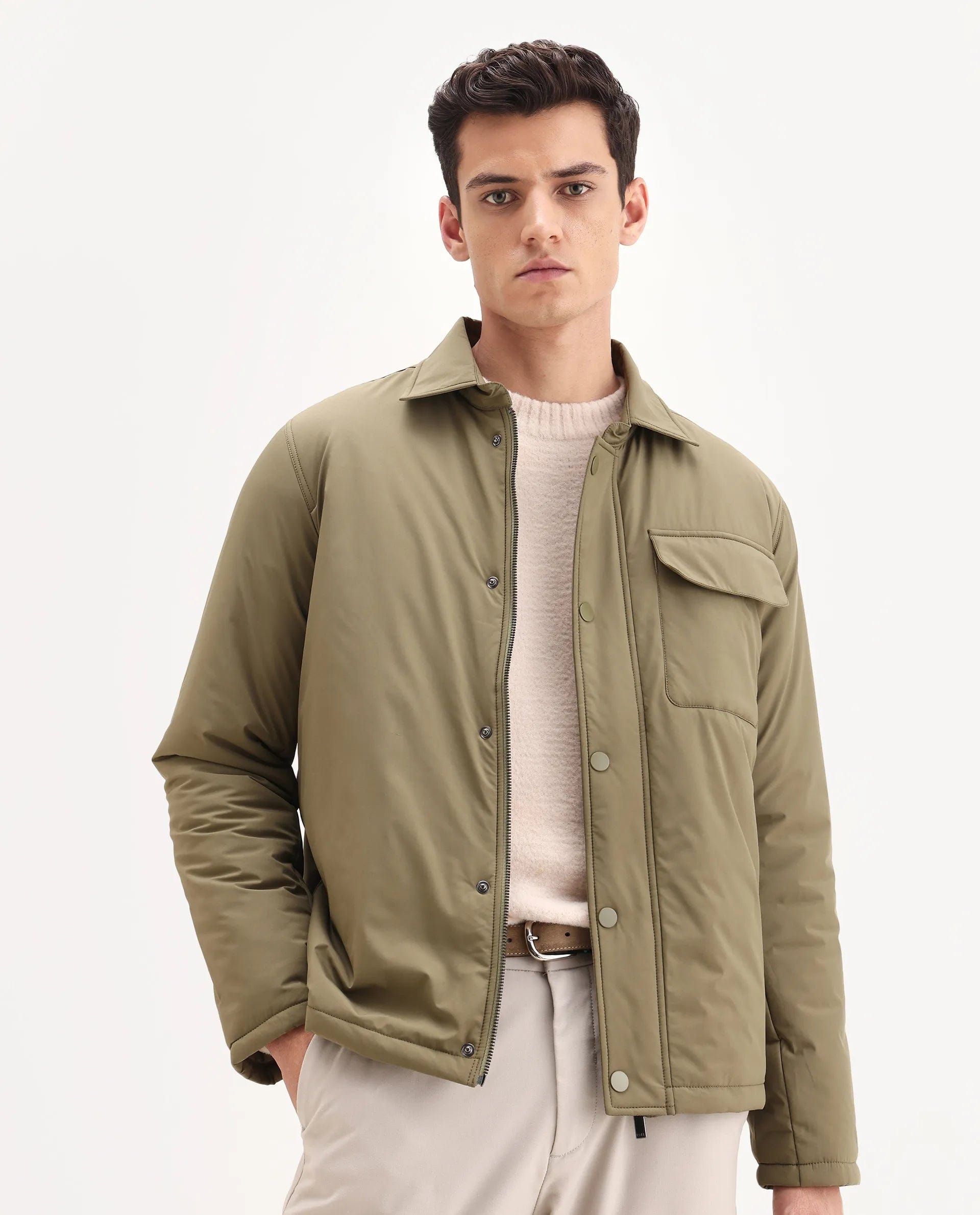 RARE Rabbit Men's Fagu - 25 Olive Polyester Blend Fabric Collared Neck Relaxed Fit Plain Jacket