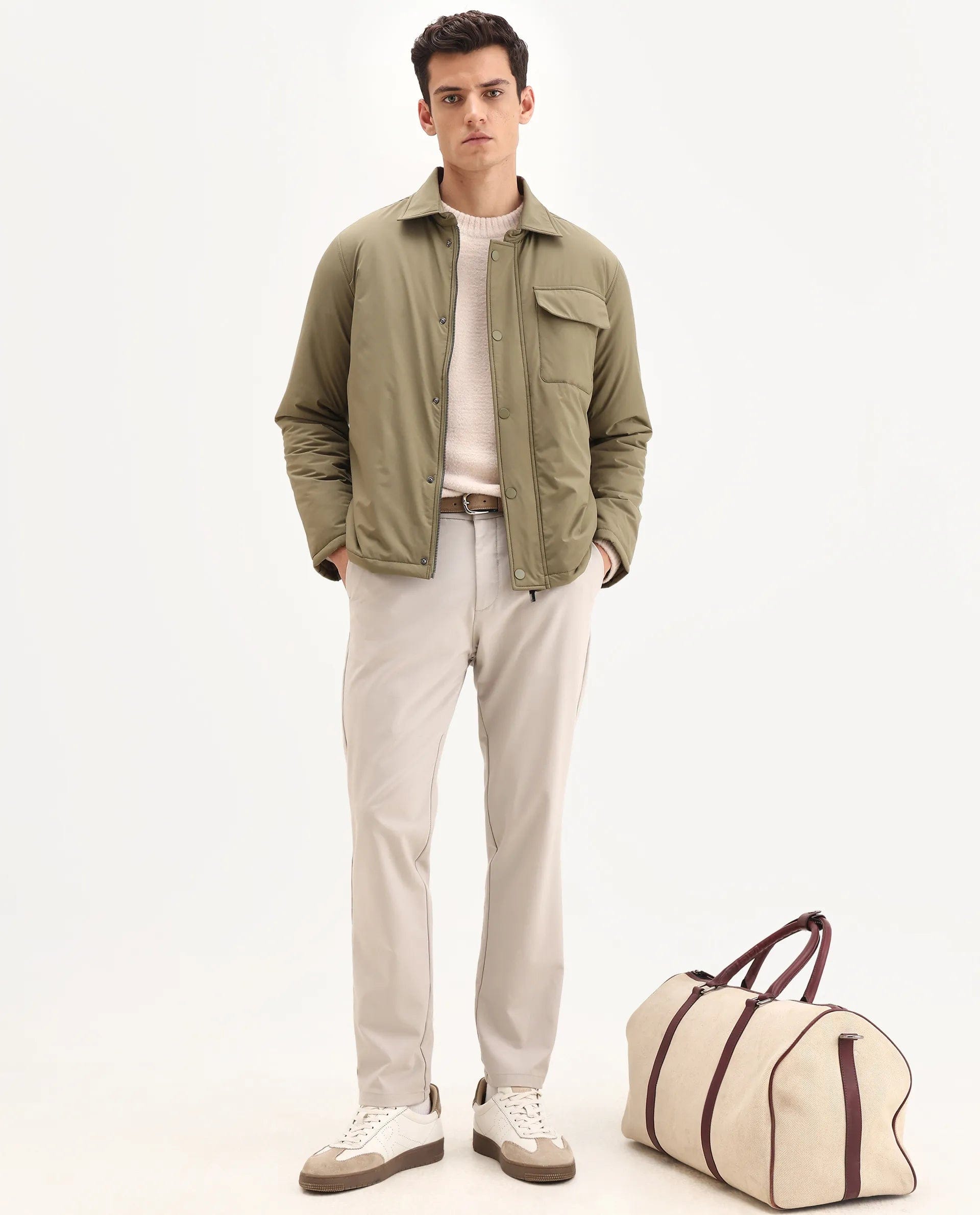 RARE Rabbit Men's Fagu - 25 Olive Polyester Blend Fabric Collared Neck Relaxed Fit Plain Jacket