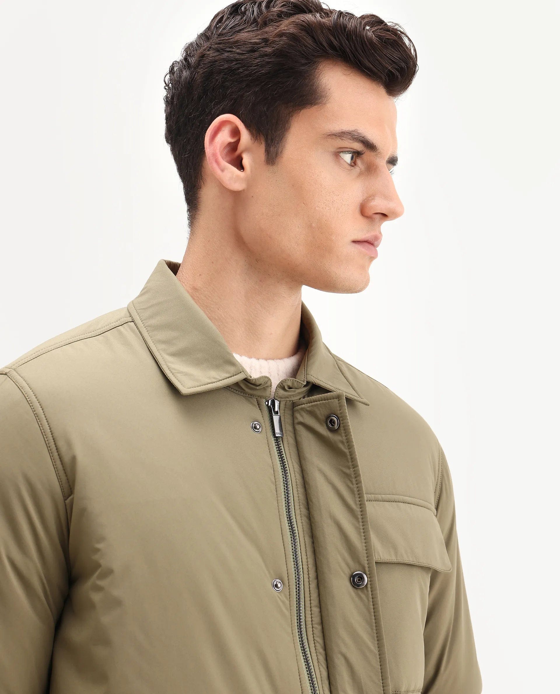RARE Rabbit Men's Fagu - 25 Olive Polyester Blend Fabric Collared Neck Relaxed Fit Plain Jacket