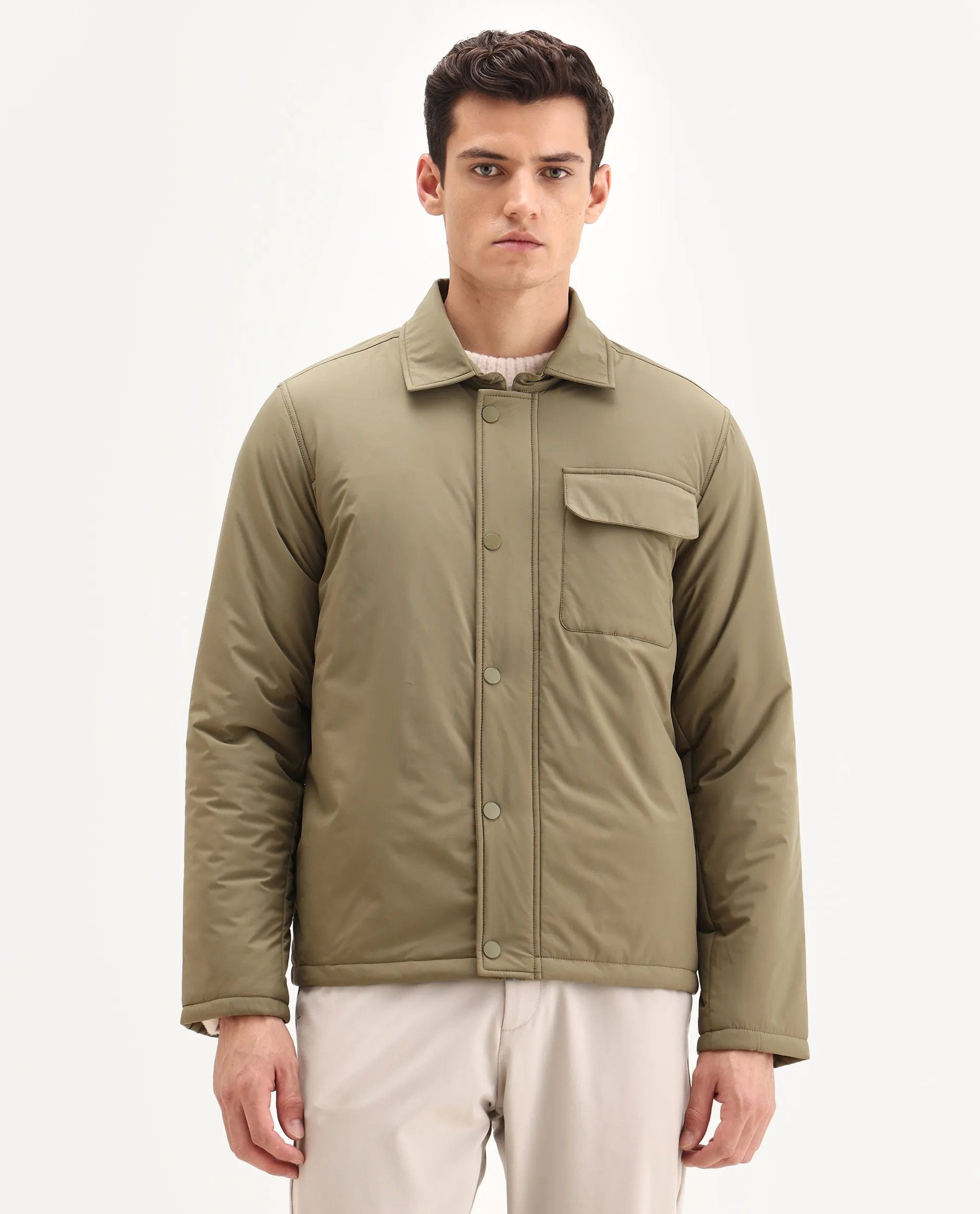 RARE Rabbit Men's Fagu - 25 Olive Polyester Blend Fabric Collared Neck Relaxed Fit Plain Jacket