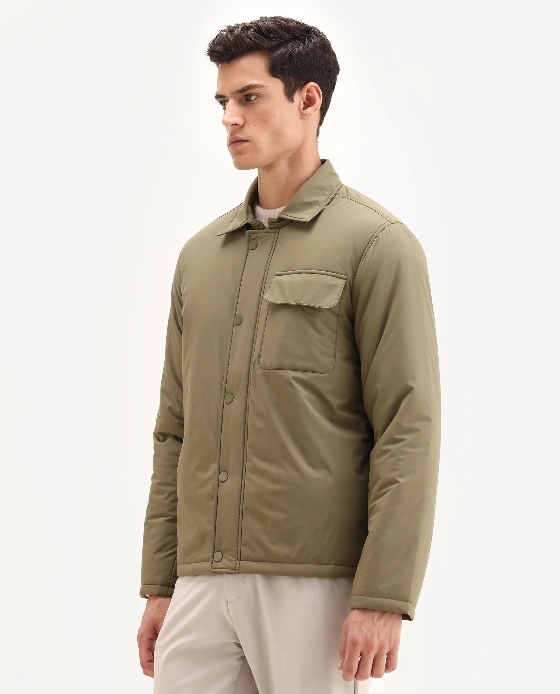 RARE Rabbit Men's Fagu - 25 Olive Polyester Blend Fabric Collared Neck Relaxed Fit Plain Jacket