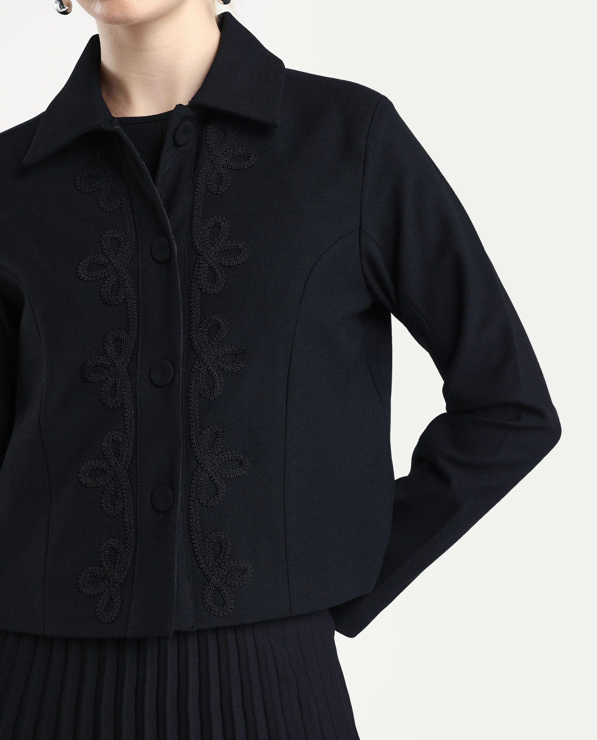 Rareism Women's Nemby Black Polyester Blend Collared Neck Slim Fit Plain Jacket