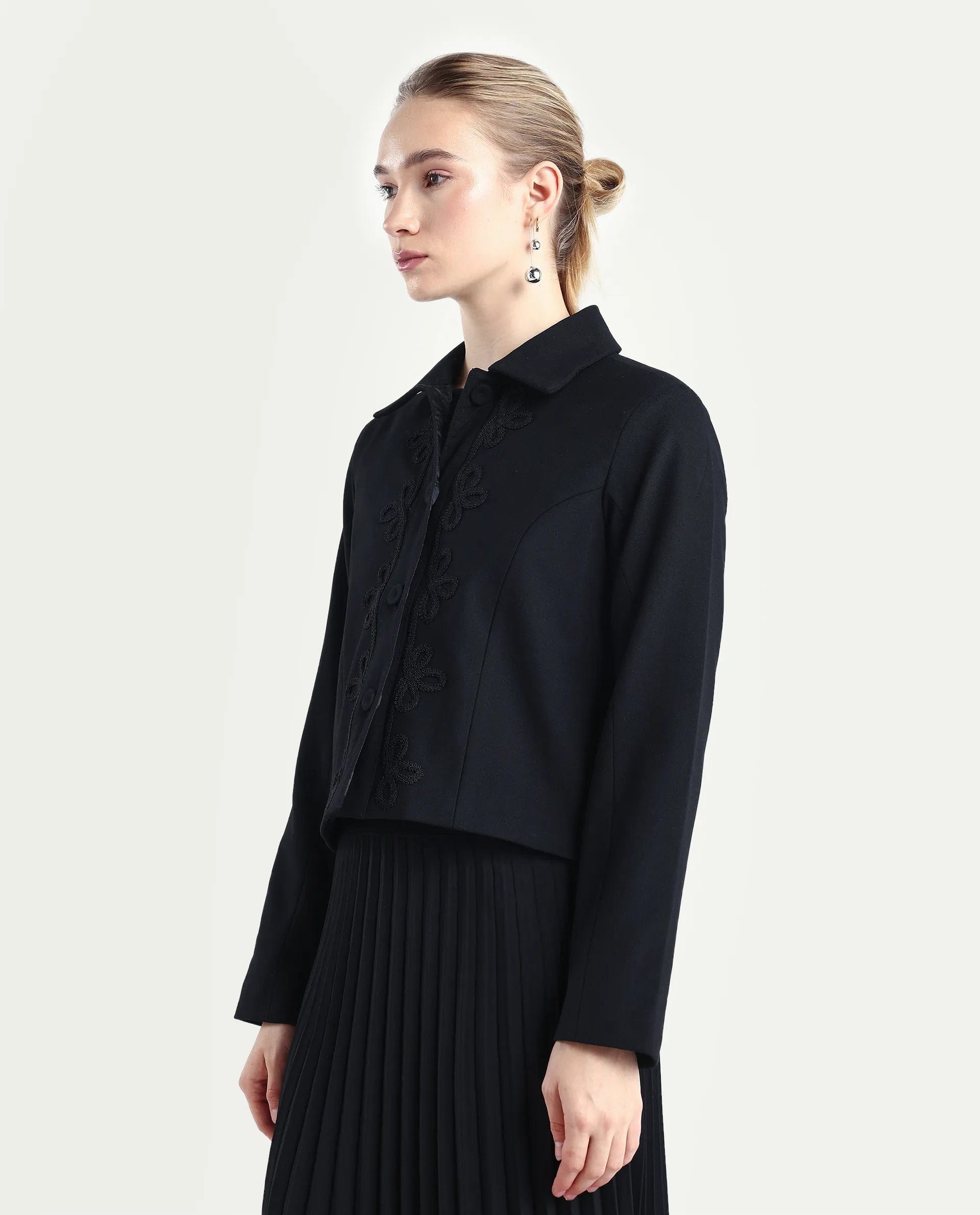 Rareism Women's Nemby Black Polyester Blend Collared Neck Slim Fit Plain Jacket