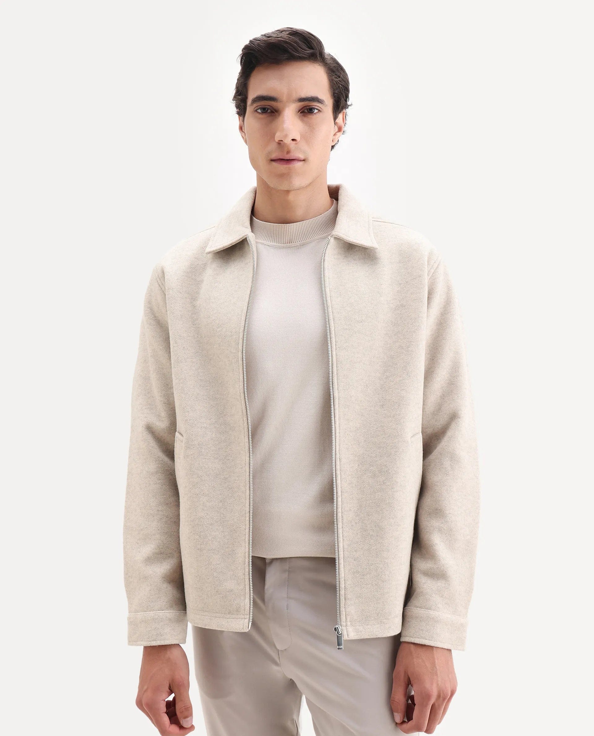 RARE Rabbit Men's Tweeder - 25 Beige Polyester Blend Fabric Collared Neck Regular Fit Plain Jacket