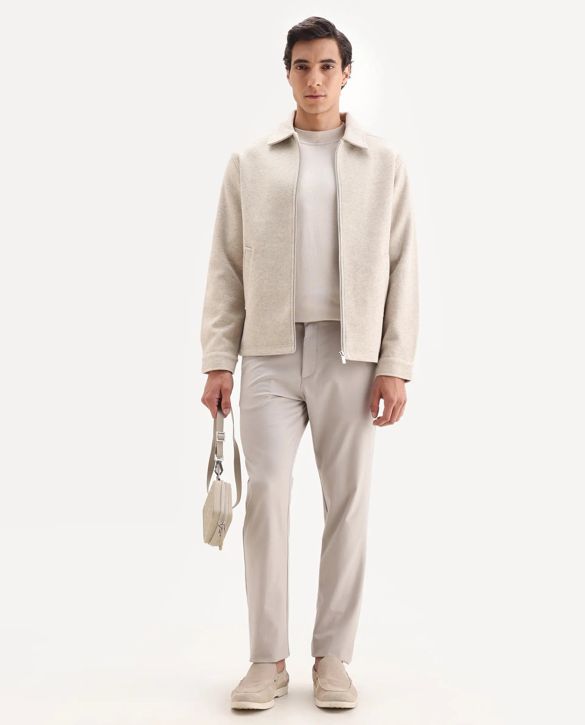 RARE Rabbit Men's Tweeder - 25 Beige Polyester Blend Fabric Collared Neck Regular Fit Plain Jacket