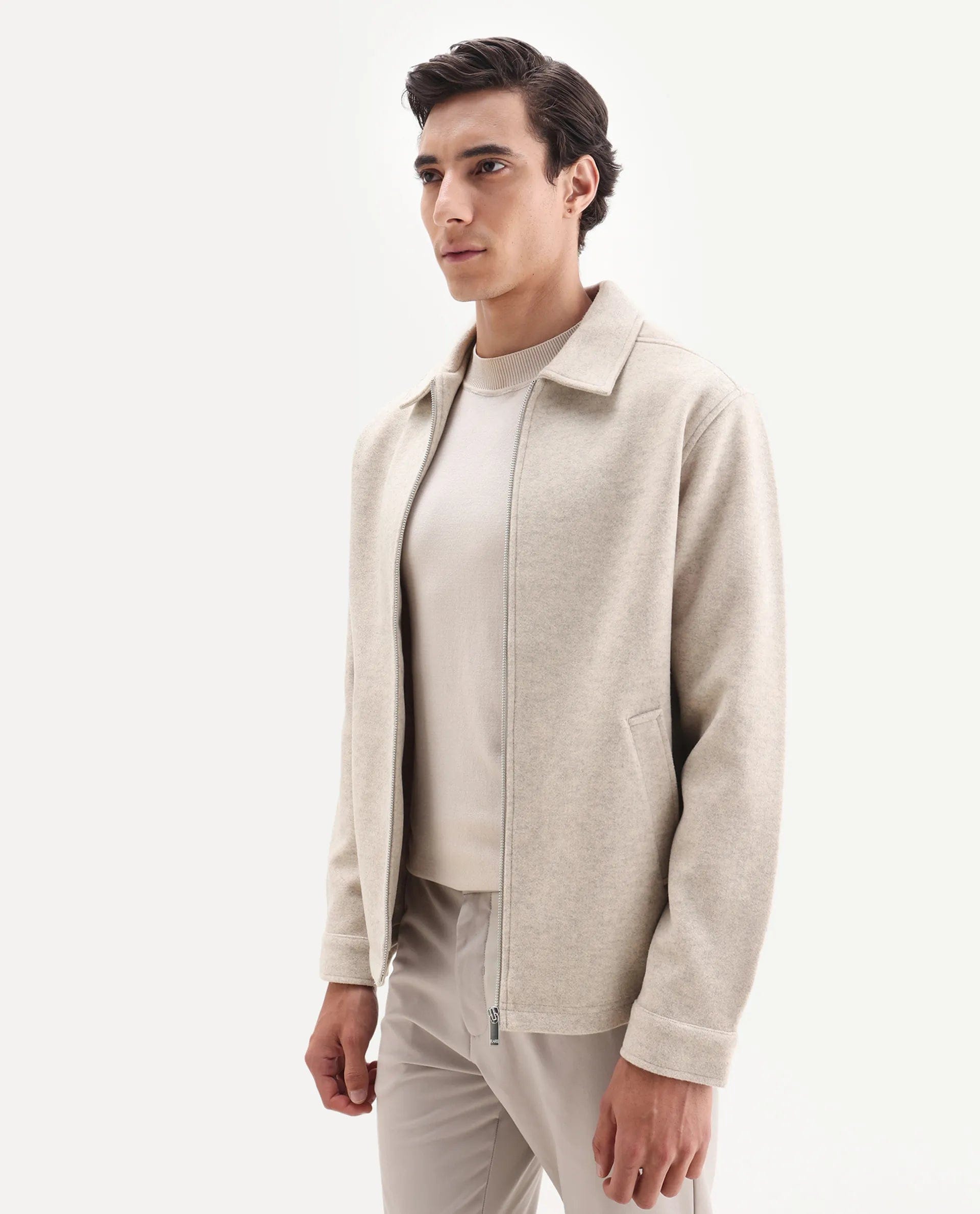 RARE Rabbit Men's Tweeder - 25 Beige Polyester Blend Fabric Collared Neck Regular Fit Plain Jacket
