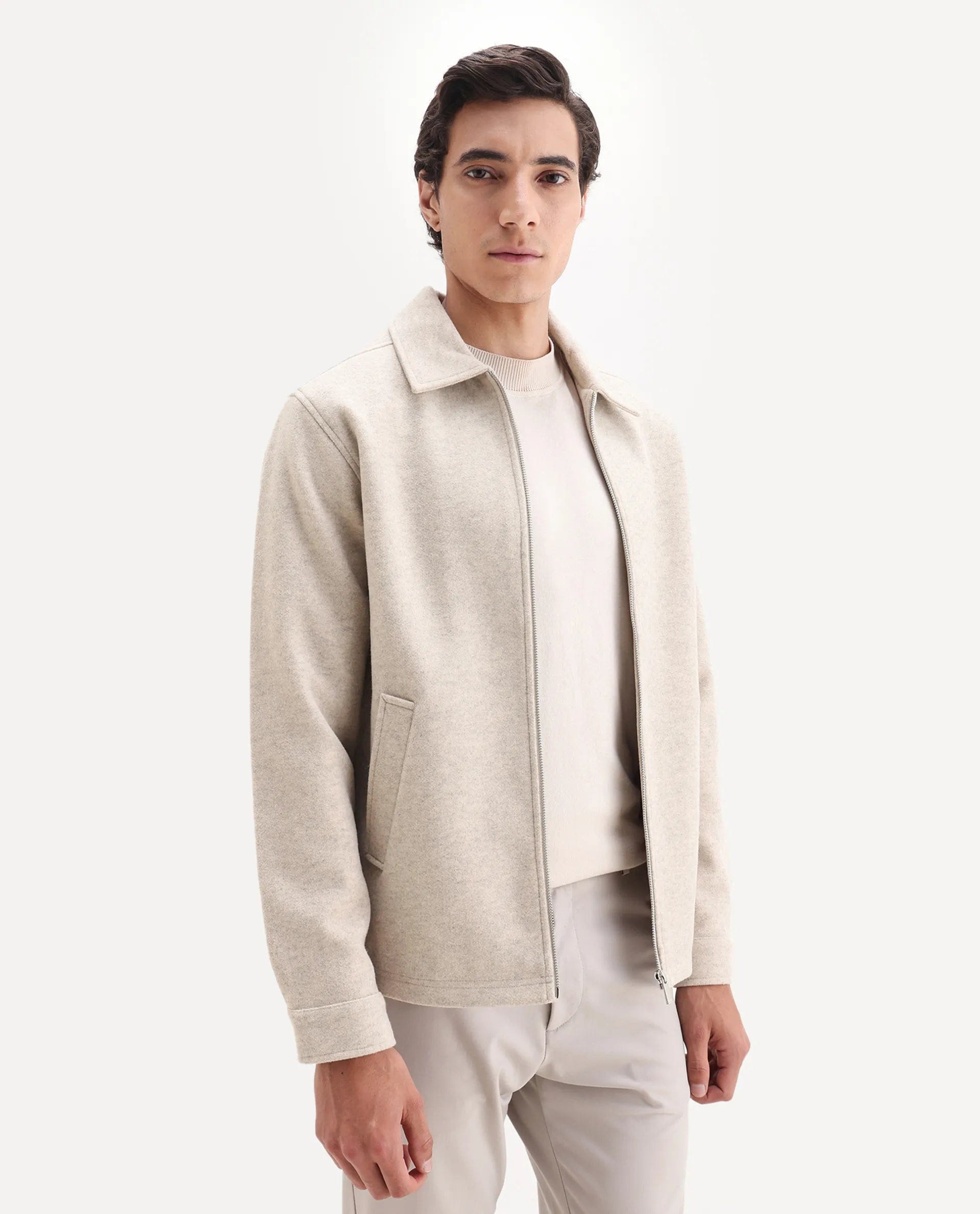RARE Rabbit Men's Tweeder - 25 Beige Polyester Blend Fabric Collared Neck Regular Fit Plain Jacket