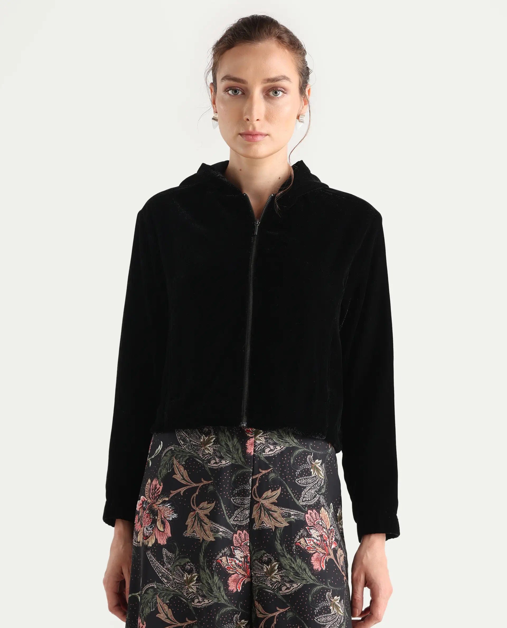 Rareism Women's Velbom - T Black Polyester Spread Collar Regular Fit Jacket