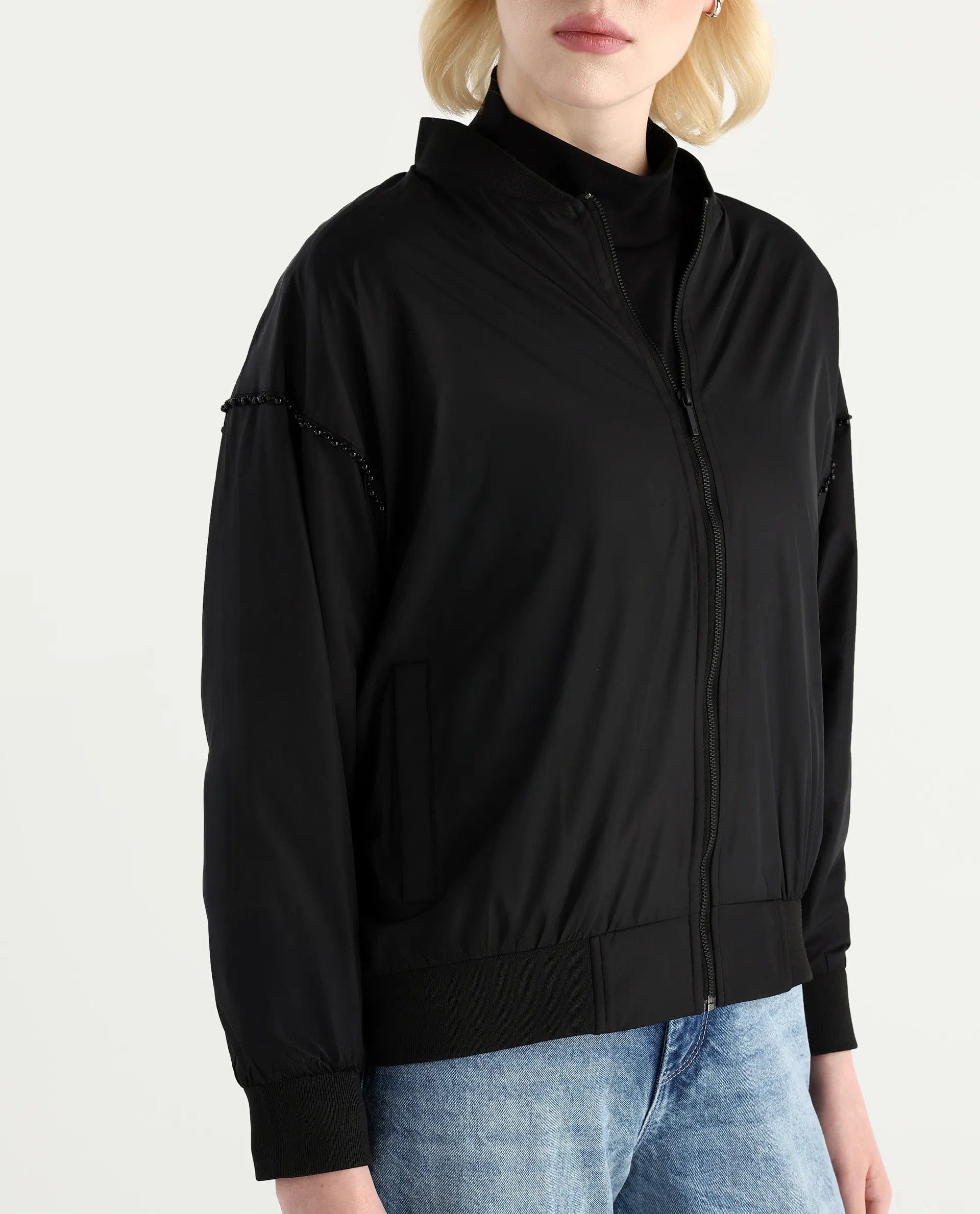 Rareism Women's Nifreen Black Polyester Rib Collar Boxy Plain Jacket