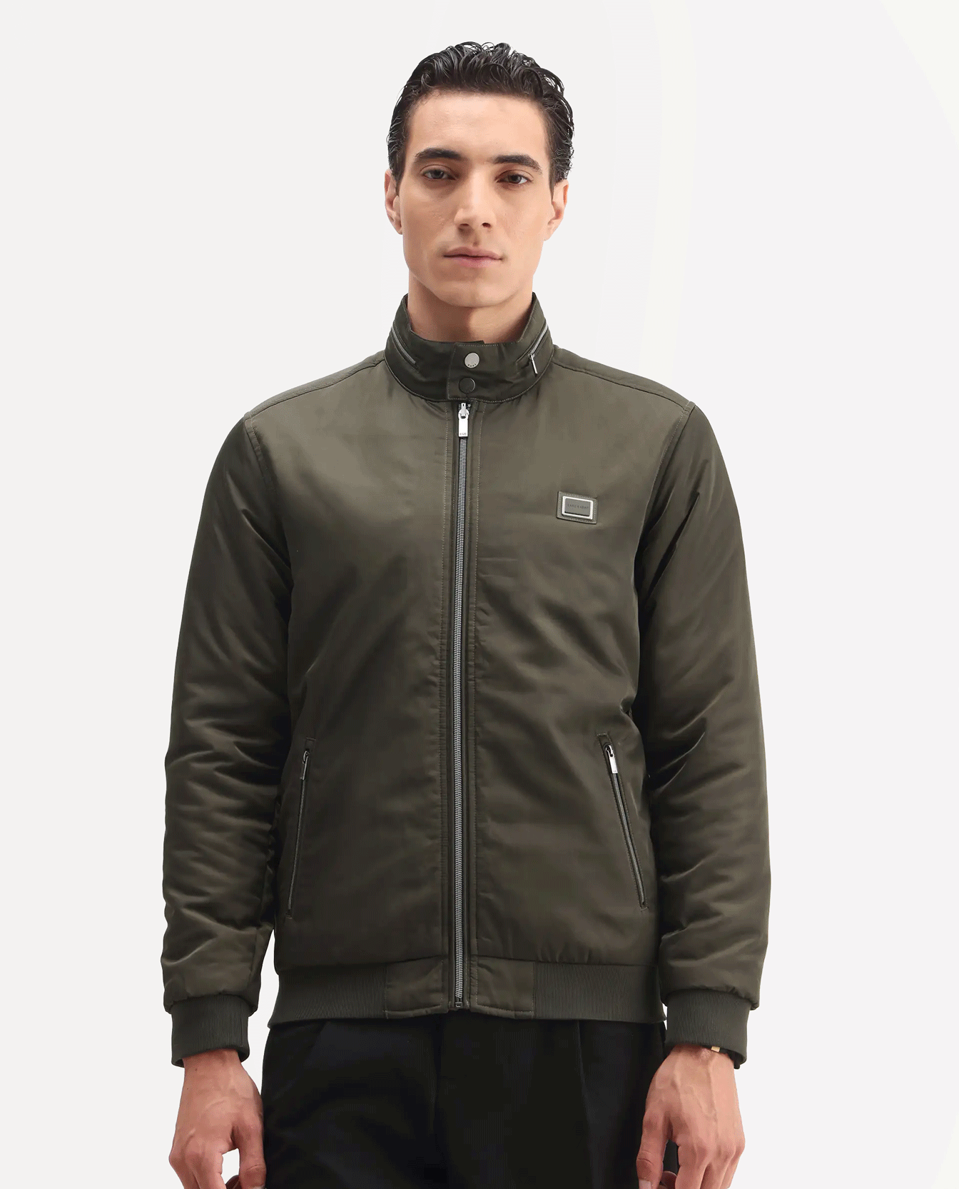 RARE Rabbit Men's Royban - 25 Olive Polyester Plain Regular Fit Full Sleeve High Neck Jacket