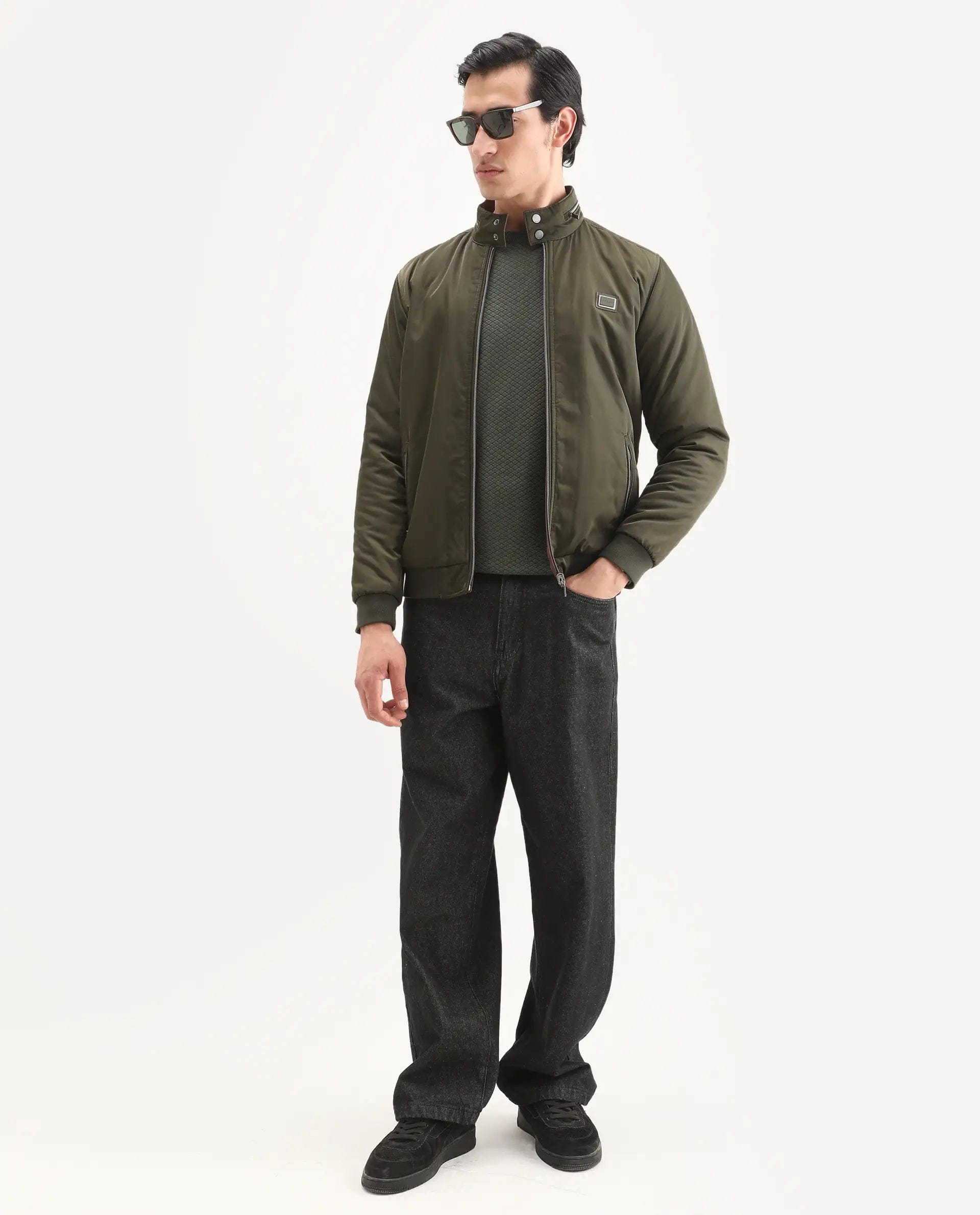 RARE Rabbit Men's Royban - 25 Olive Polyester Plain Regular Fit Full Sleeve High Neck Jacket