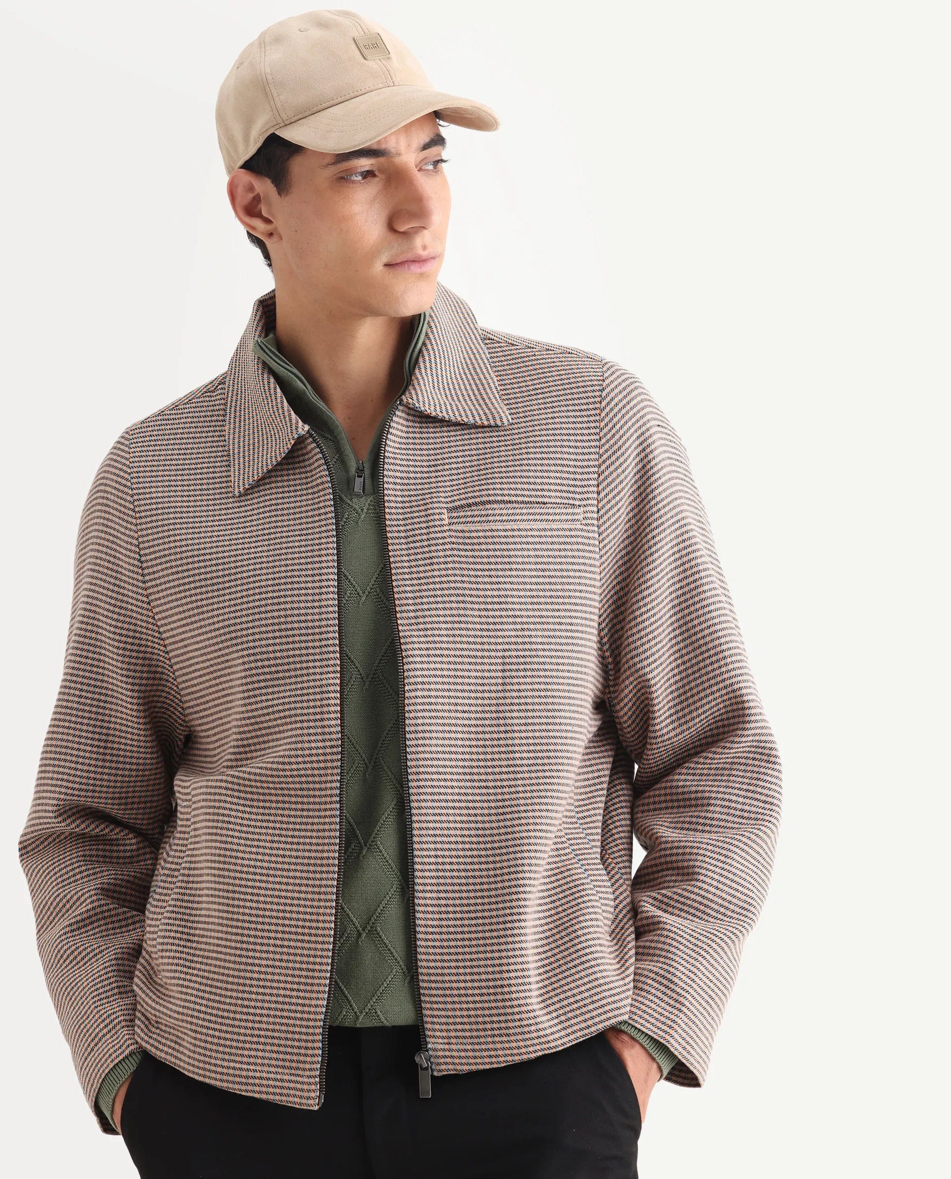 RARE Rabbit Men's Pexrul Rust Cotton Checked Print Relaxed Fit Full Sleeve Spread Collar Jacket