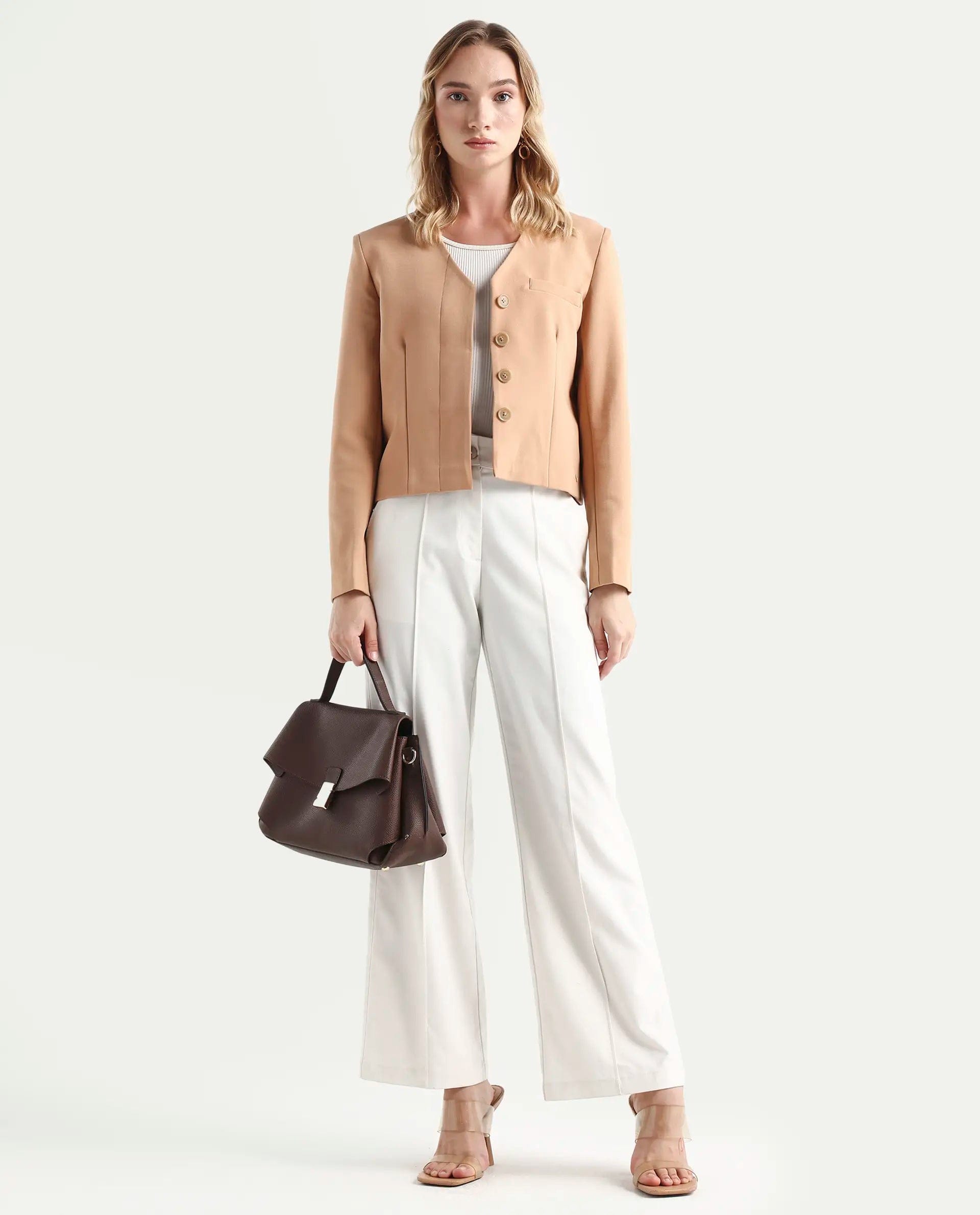 Rareism Women's Castlei Beige V - Neck Plain Regular Fit Jacket