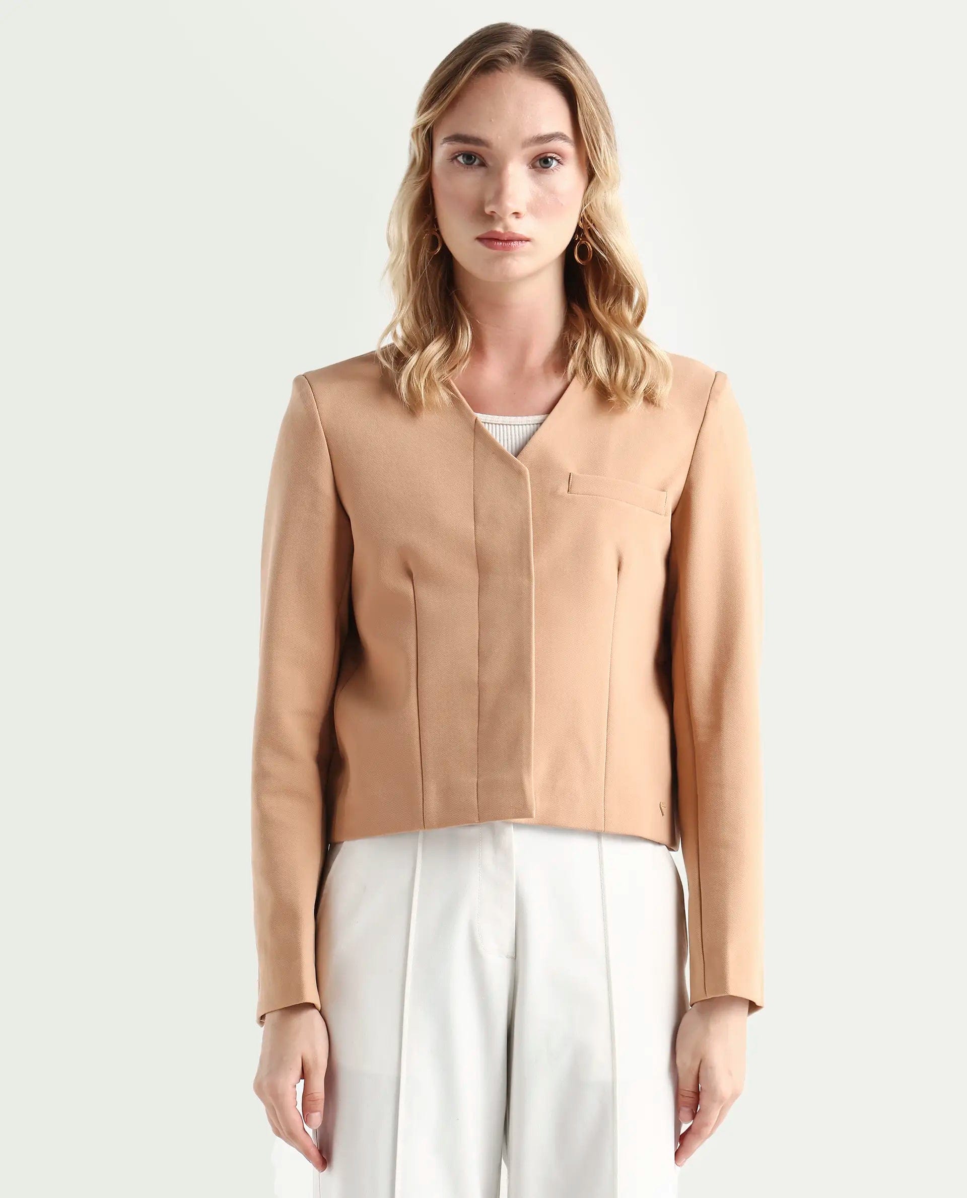 Rareism Women's Castlei Beige V - Neck Plain Regular Fit Jacket