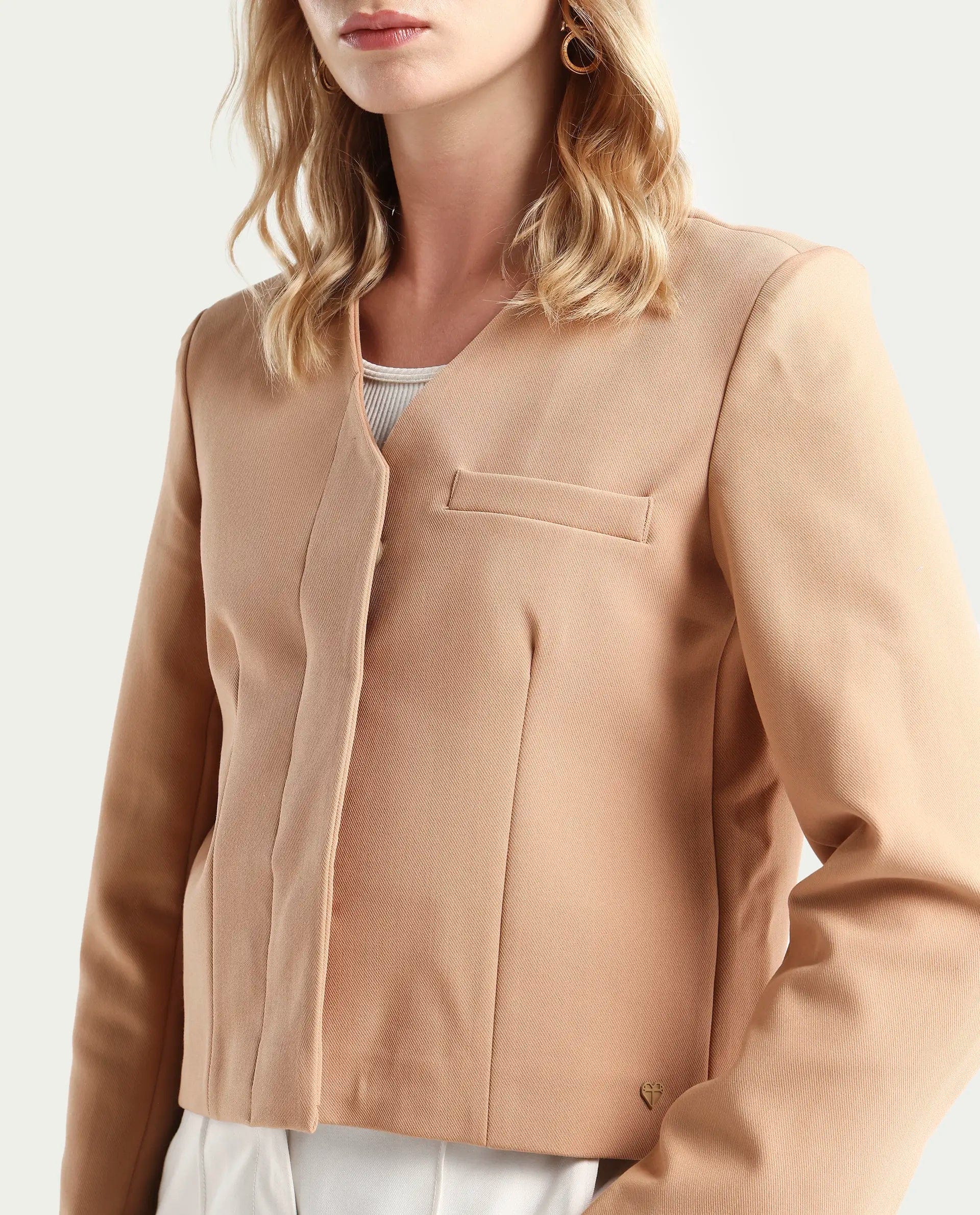 Rareism Women's Castlei Beige V - Neck Plain Regular Fit Jacket