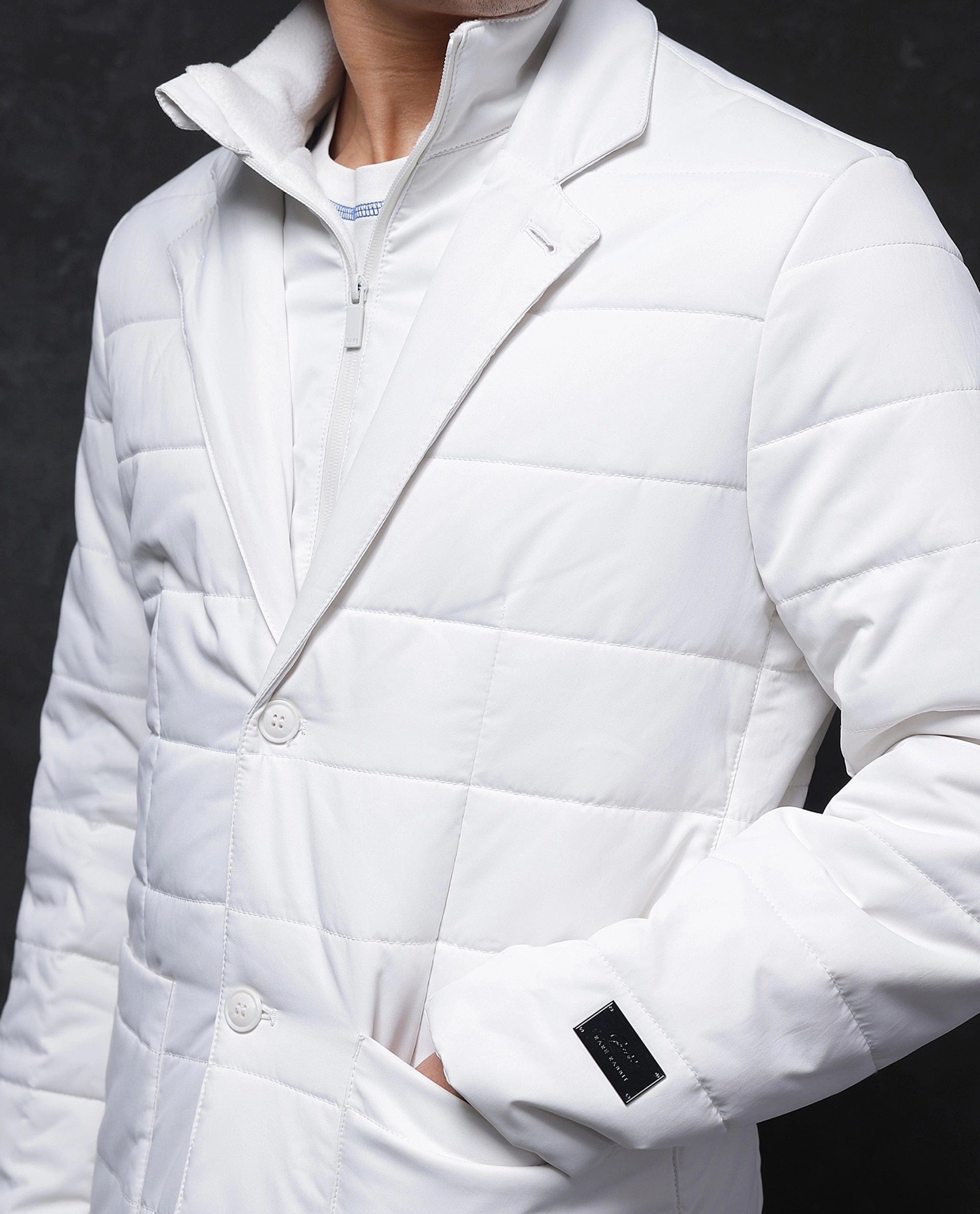 RARE Rabbit Men's Alter Off White Nylon Plain Regular Fit Full Sleeve Lapel Neck Jacket