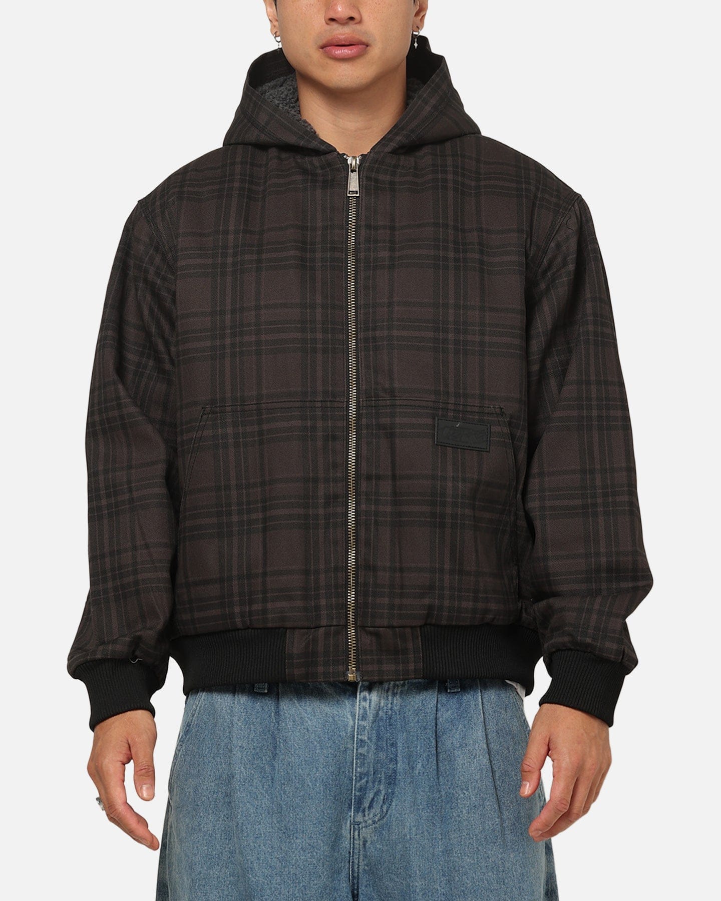 Carre Sherpa Lined Zip Hoodie Black Plaid