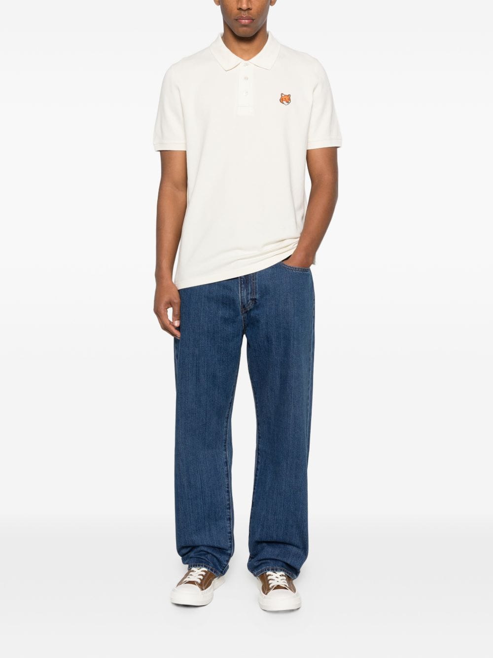 Maison Kitsuné Fox Head Logo - Embroidered Cotton Polo Shirt — Cream