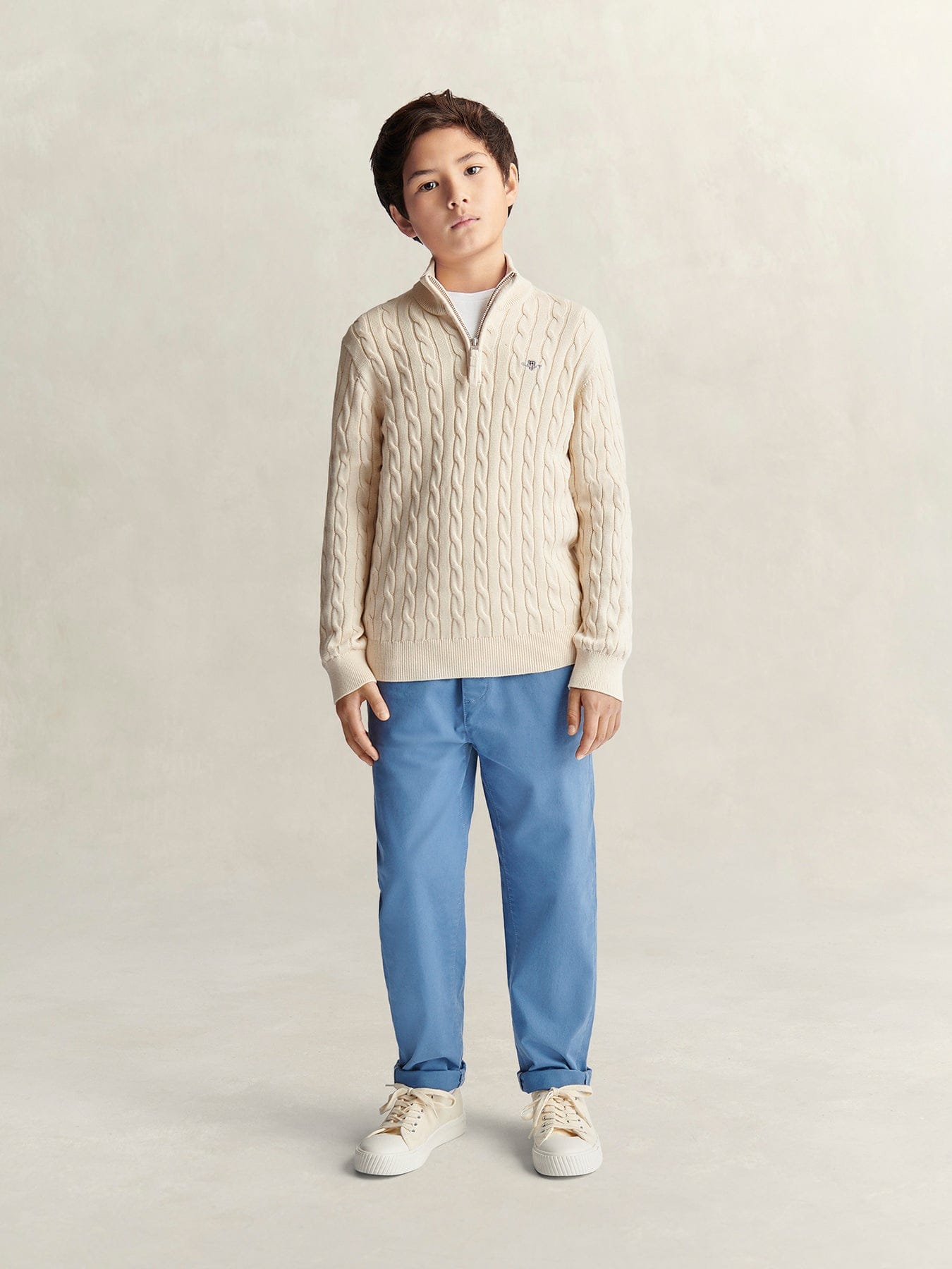GANT Kids' Shield Cotton Cable Half Zip Sweater Cream