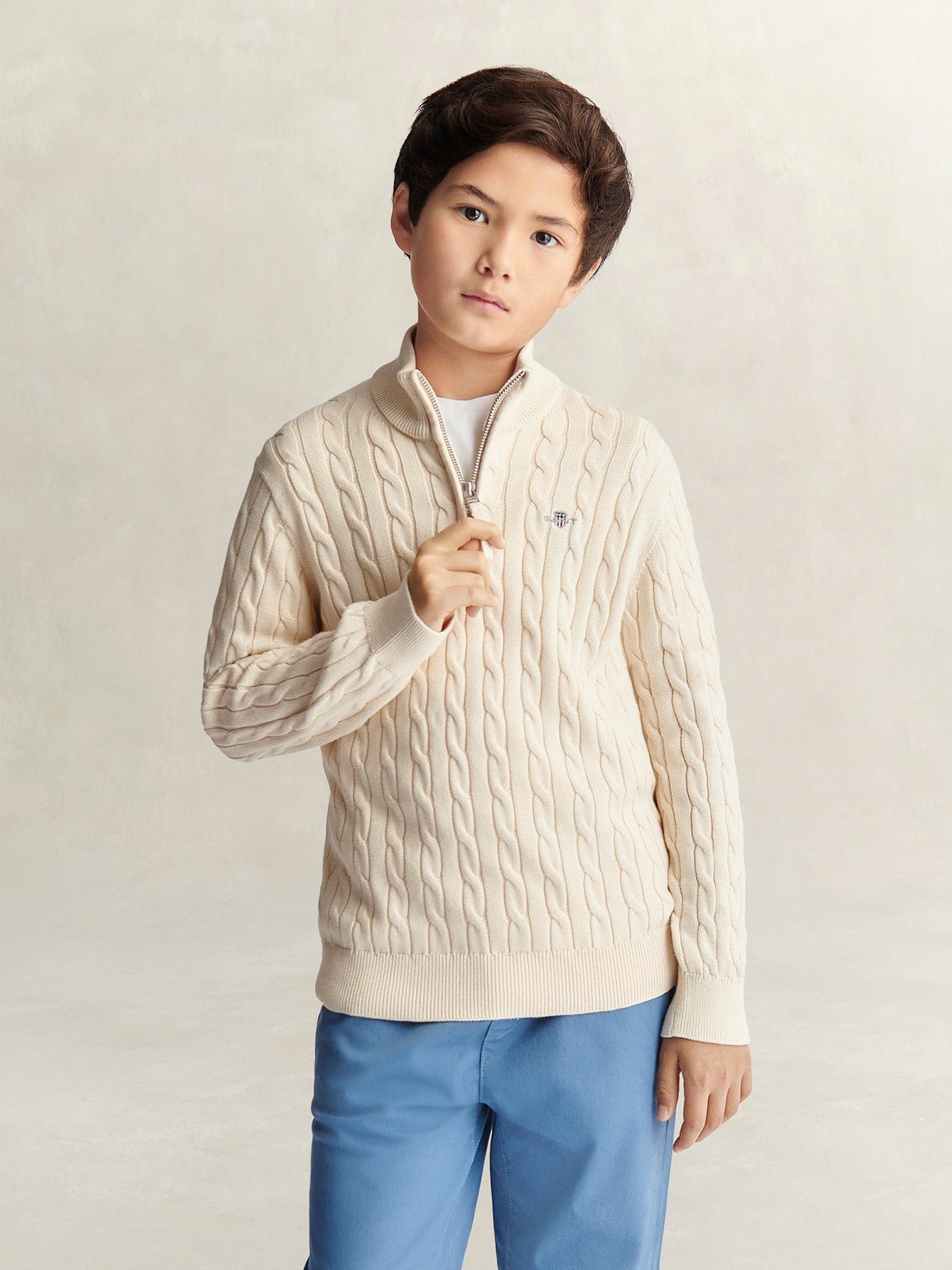 GANT Kids' Shield Cotton Cable Half Zip Sweater Cream