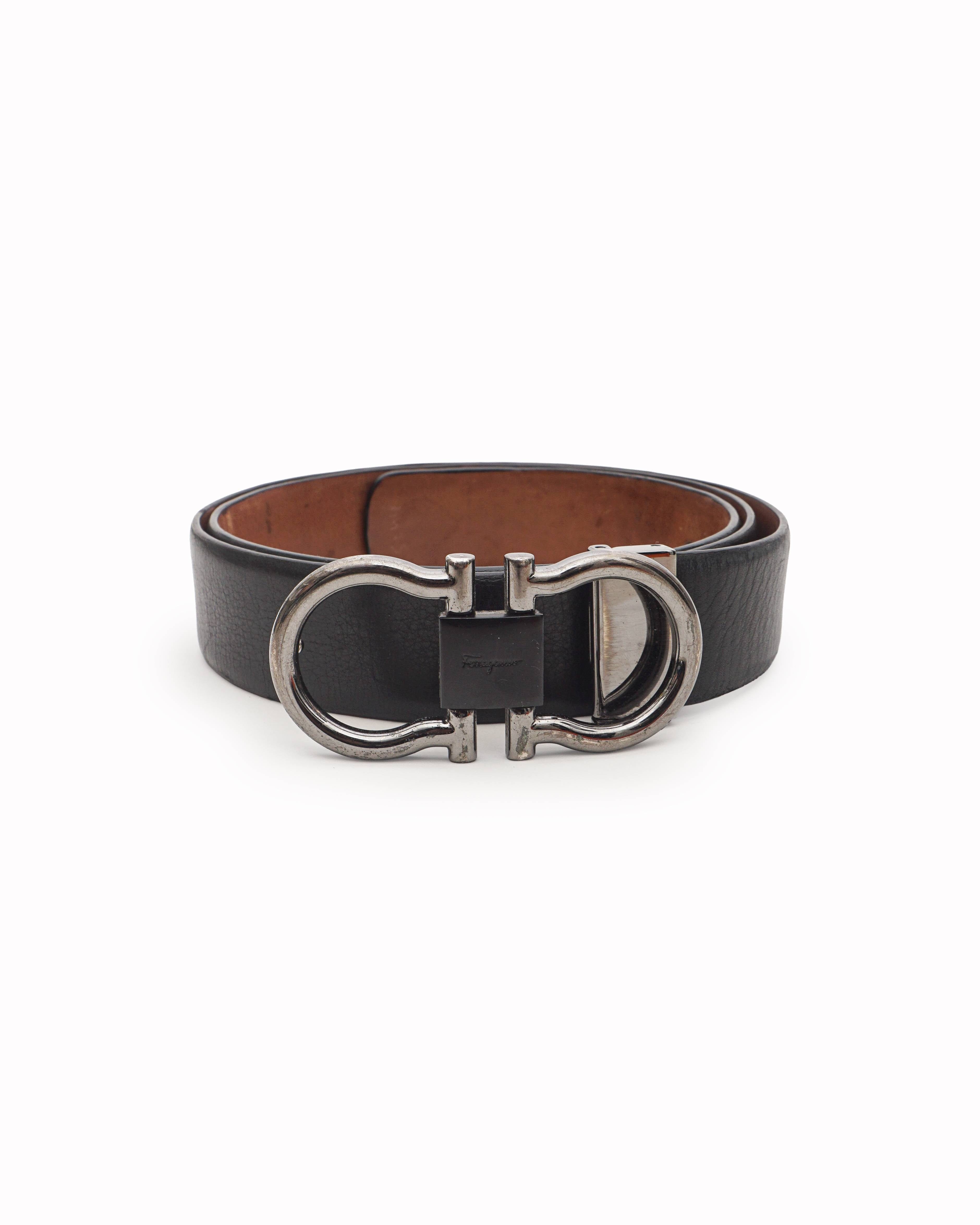 Salvatore Ferragamo Black Leather Gunmetal Gancini Belt