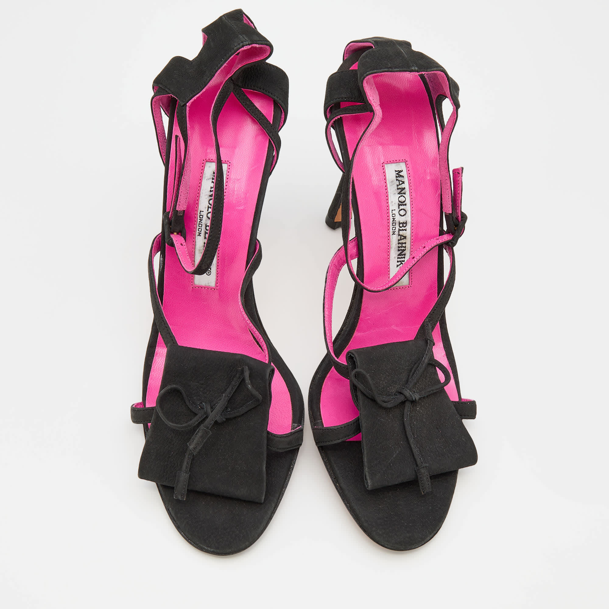 Manolo Blahnik Black Nubuck Leather Ankle Strap Sandals