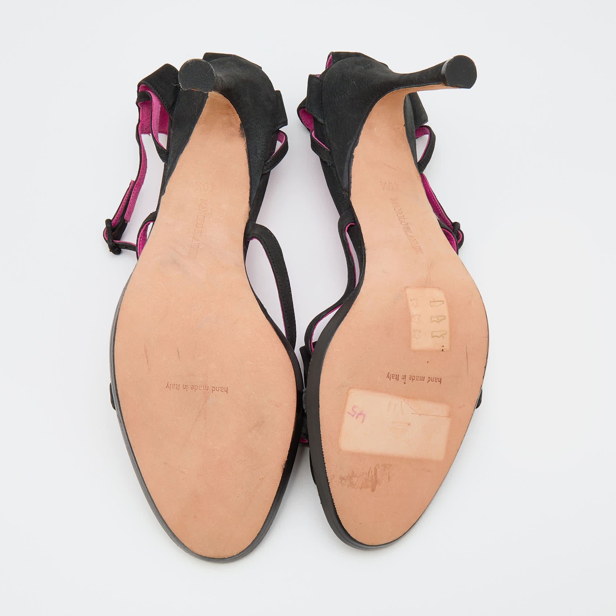 Manolo Blahnik Black Nubuck Leather Ankle Strap Sandals