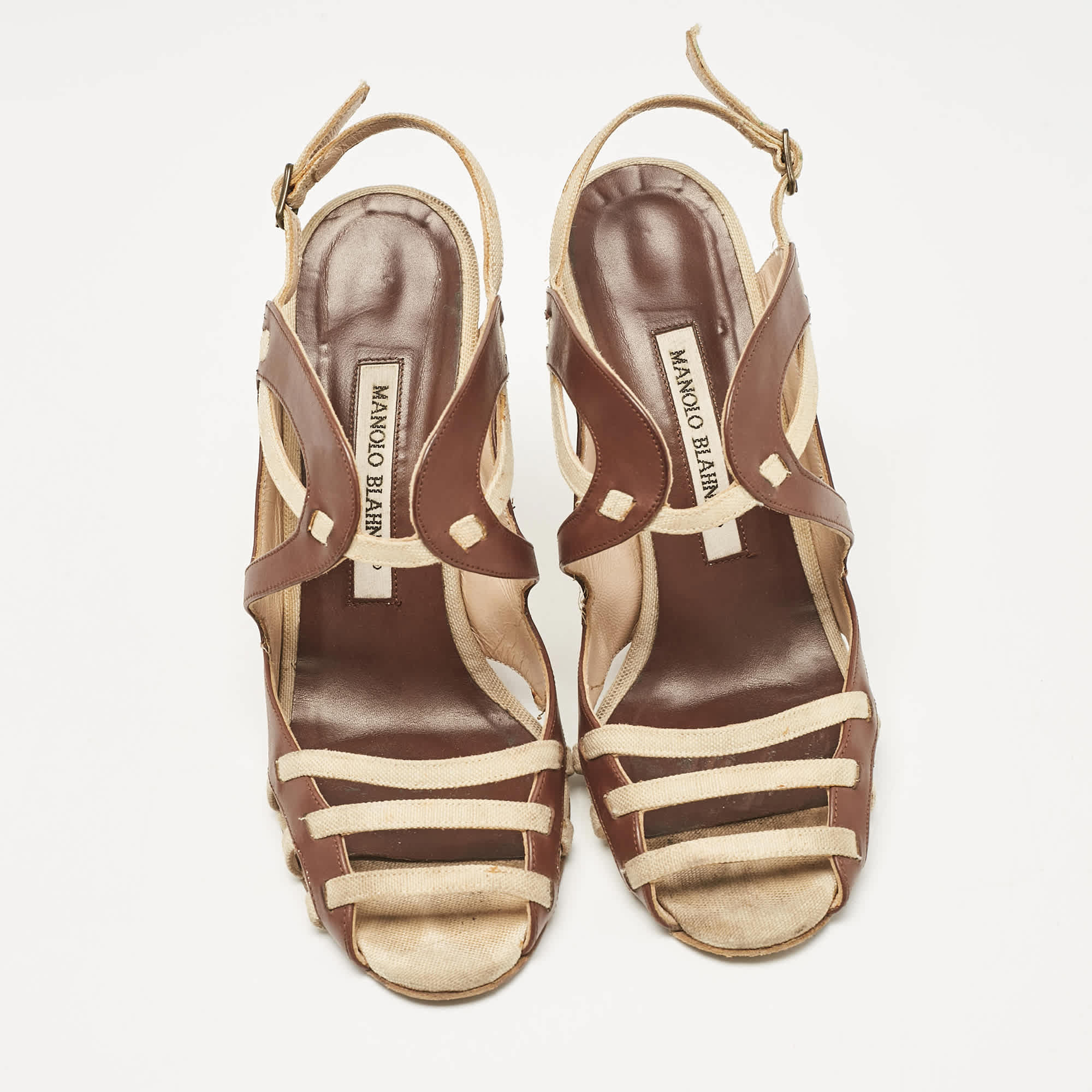 Manolo Blahnik Brown/beige Canvas And Leather Strappy Slingback Sandals