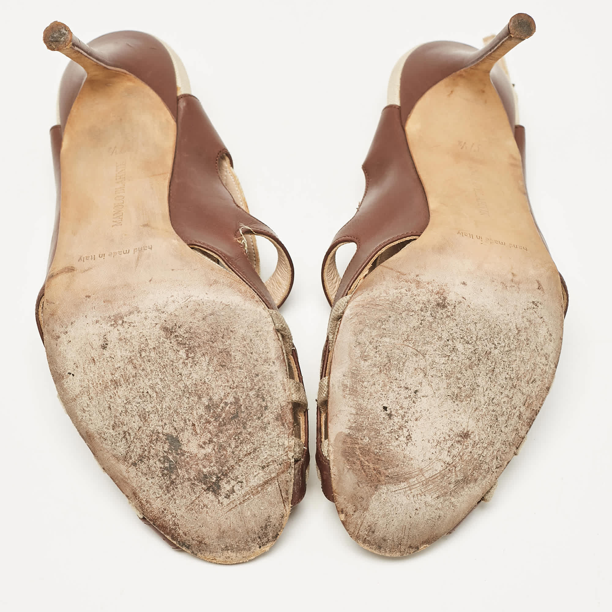 Manolo Blahnik Brown/beige Canvas And Leather Strappy Slingback Sandals