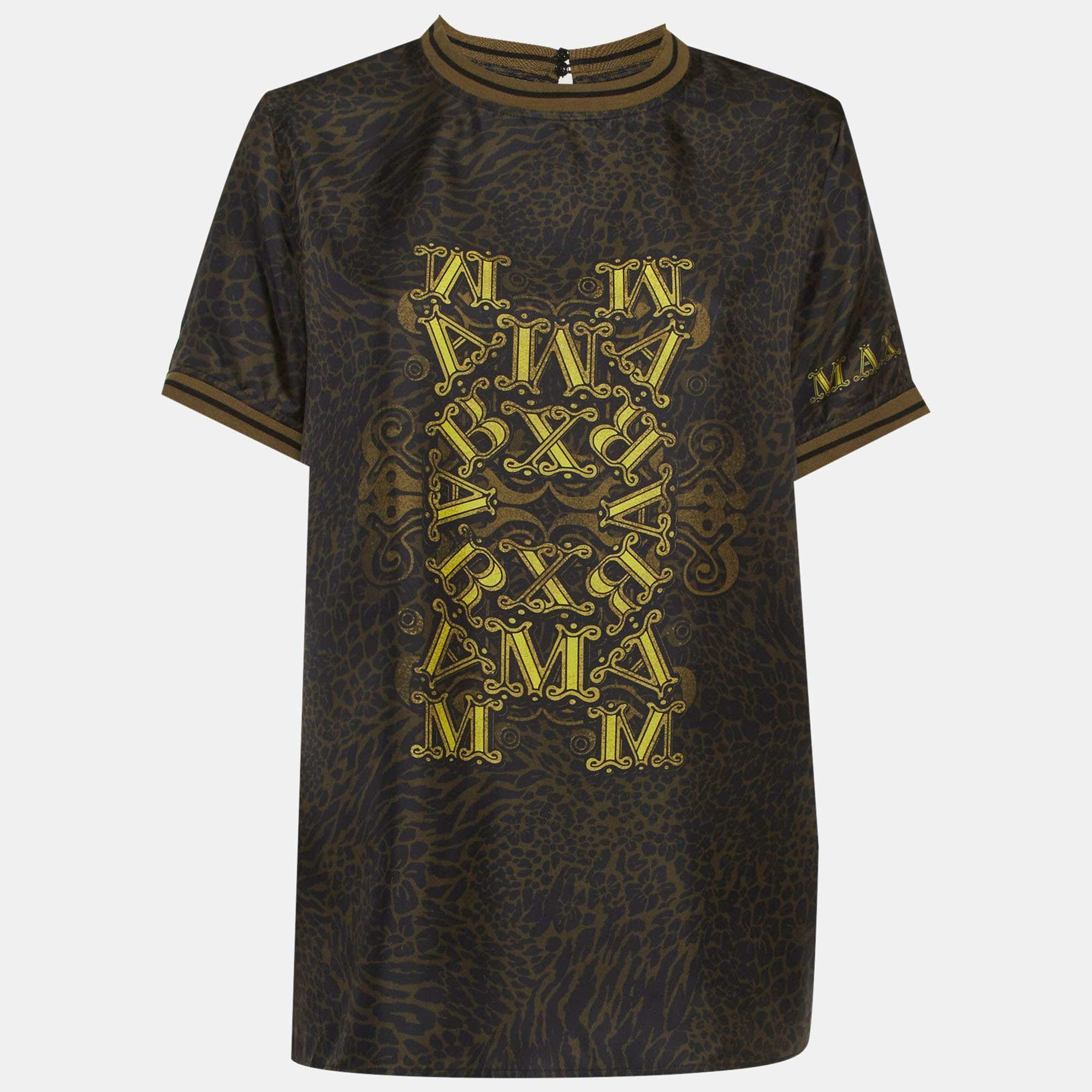 Max Mara Black/green Leopard Print Silk Top
