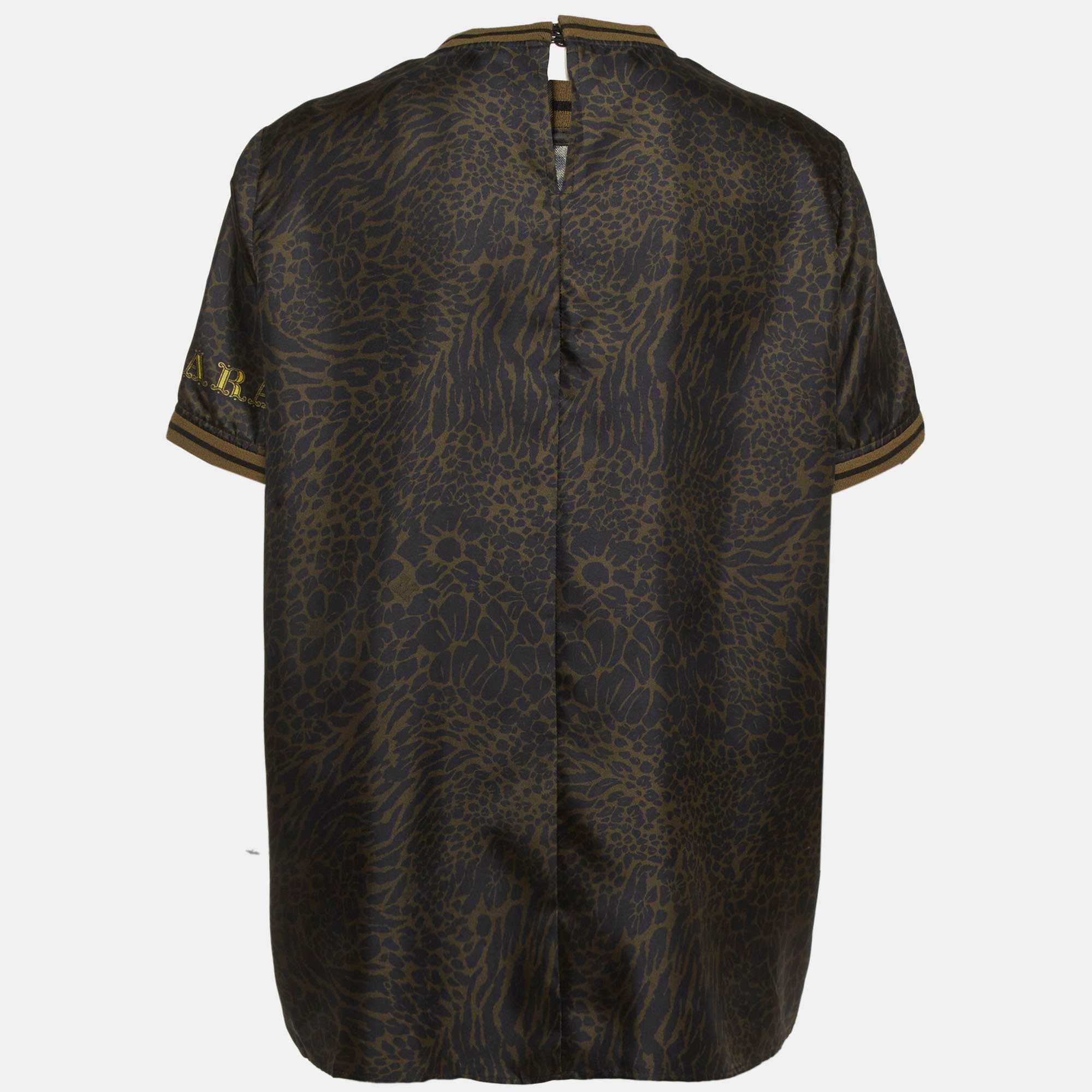 Max Mara Black/green Leopard Print Silk Top