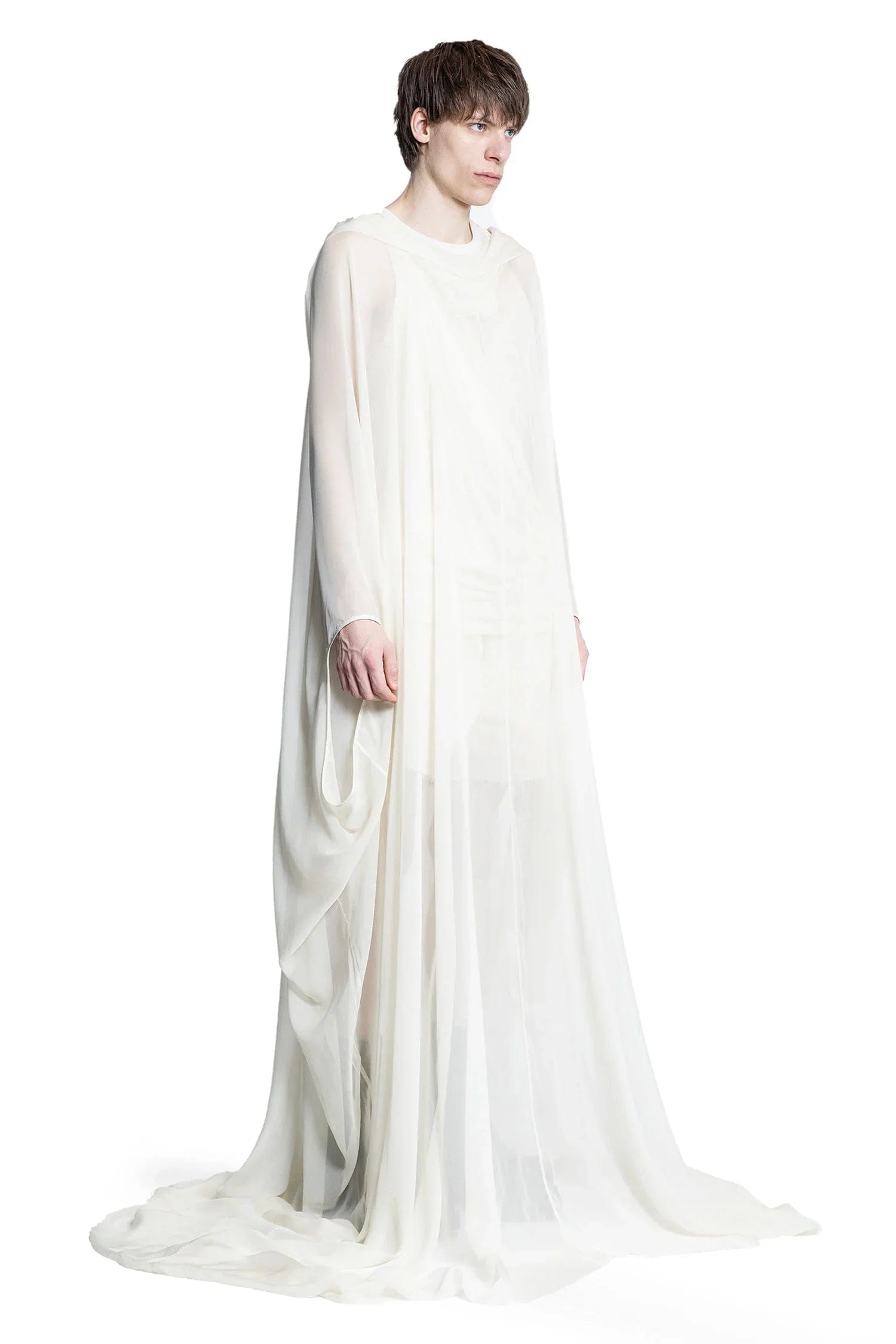RICK OWENS Hollywood Hooded Kaftan in Silk Chiffon