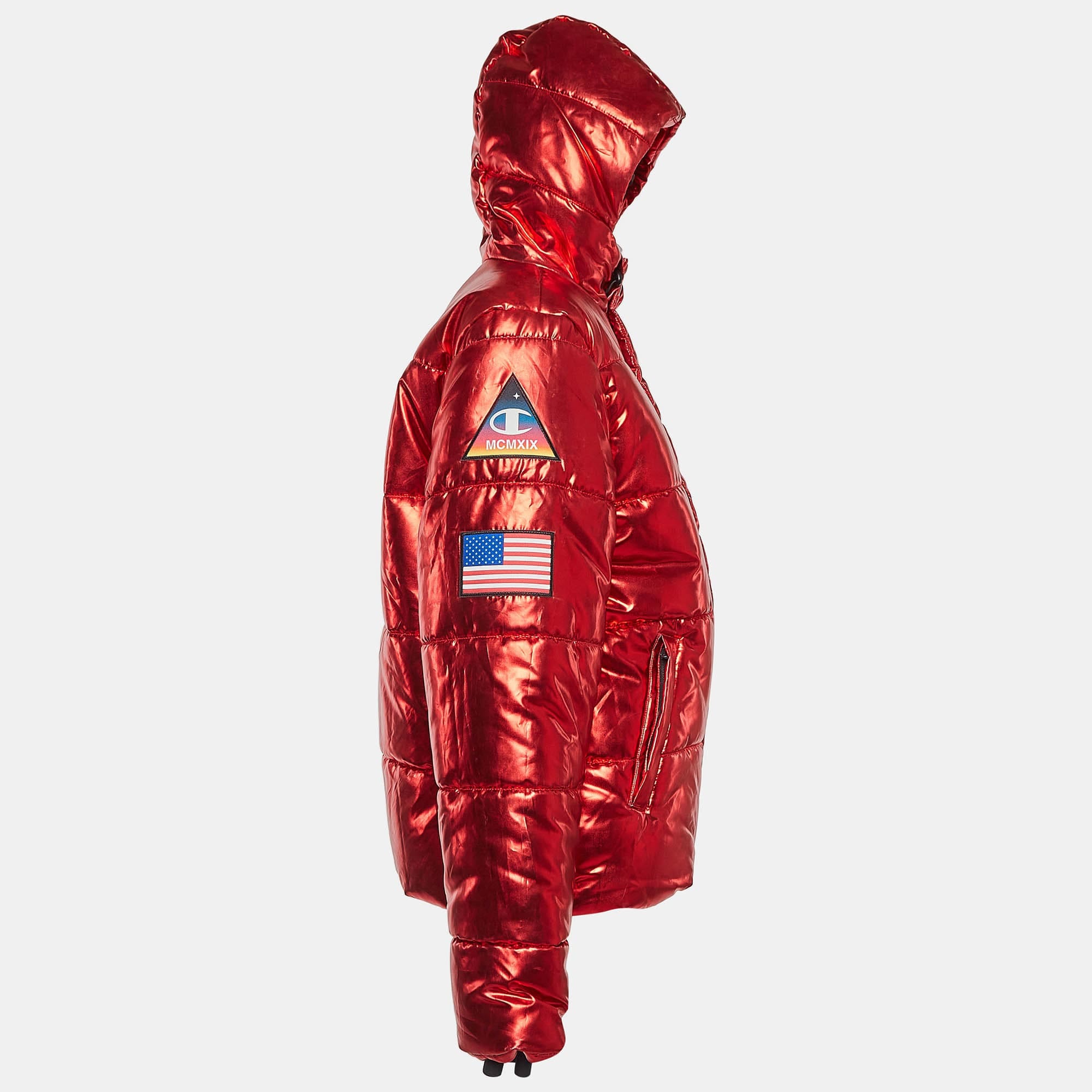 Champion Red Lame Printed & Badge Detail Puffer Overcoat