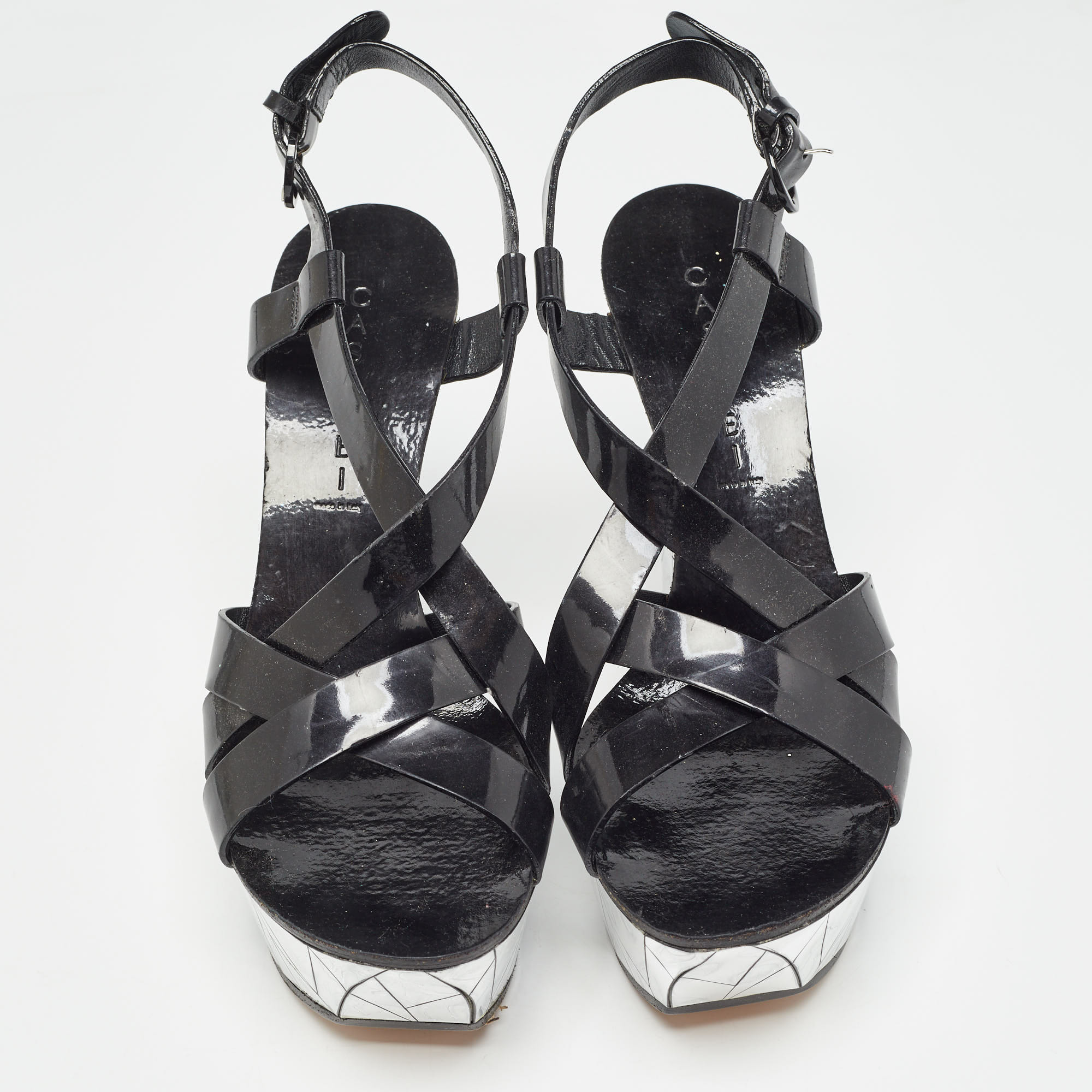 Casadei Black/silver Patent Leather Mirrored Crack Wedge Sandals