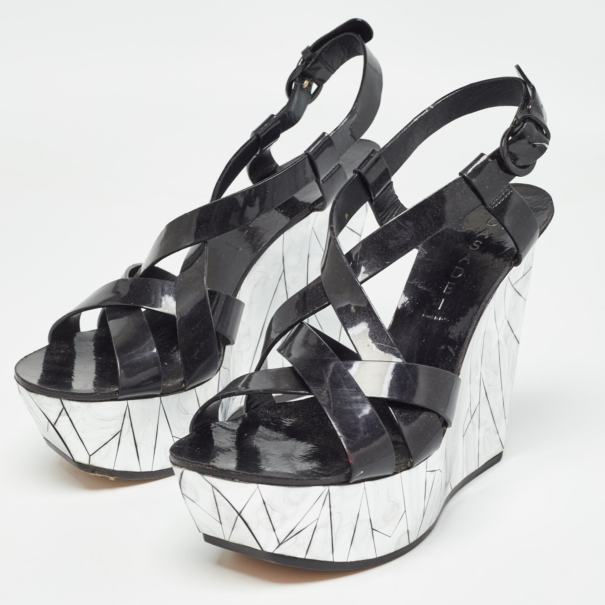 Casadei Black/silver Patent Leather Mirrored Crack Wedge Sandals