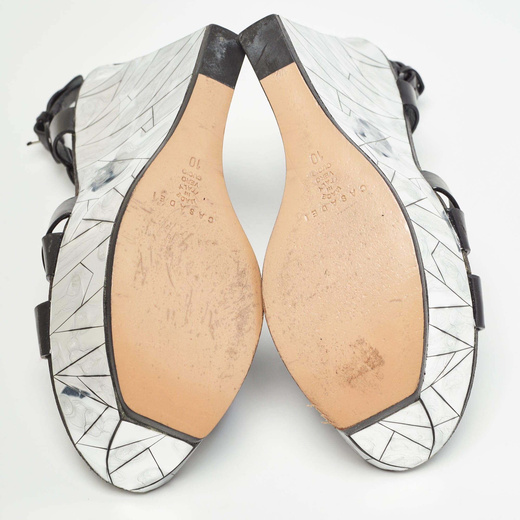 Casadei Black/silver Patent Leather Mirrored Crack Wedge Sandals