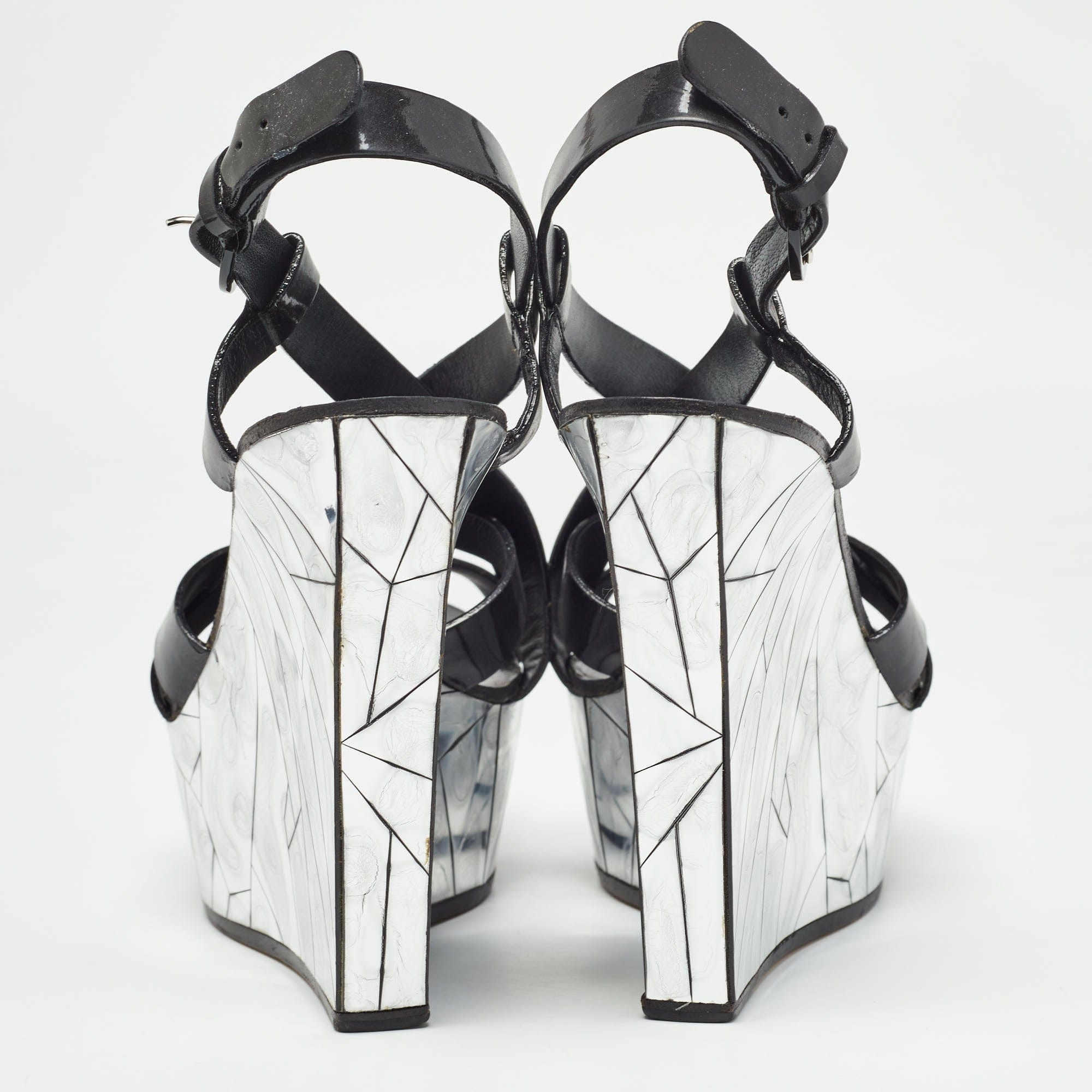 Casadei Black/silver Patent Leather Mirrored Crack Wedge Sandals