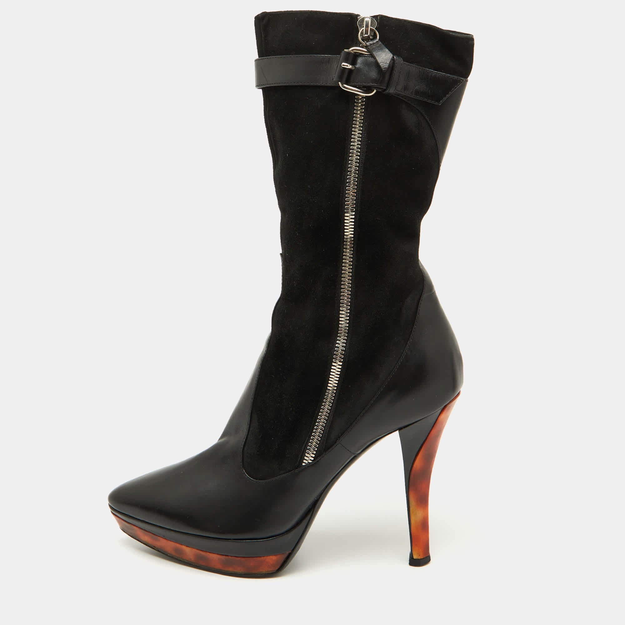 Casadei Black Suede And Leather Platform Ankle Length Boots