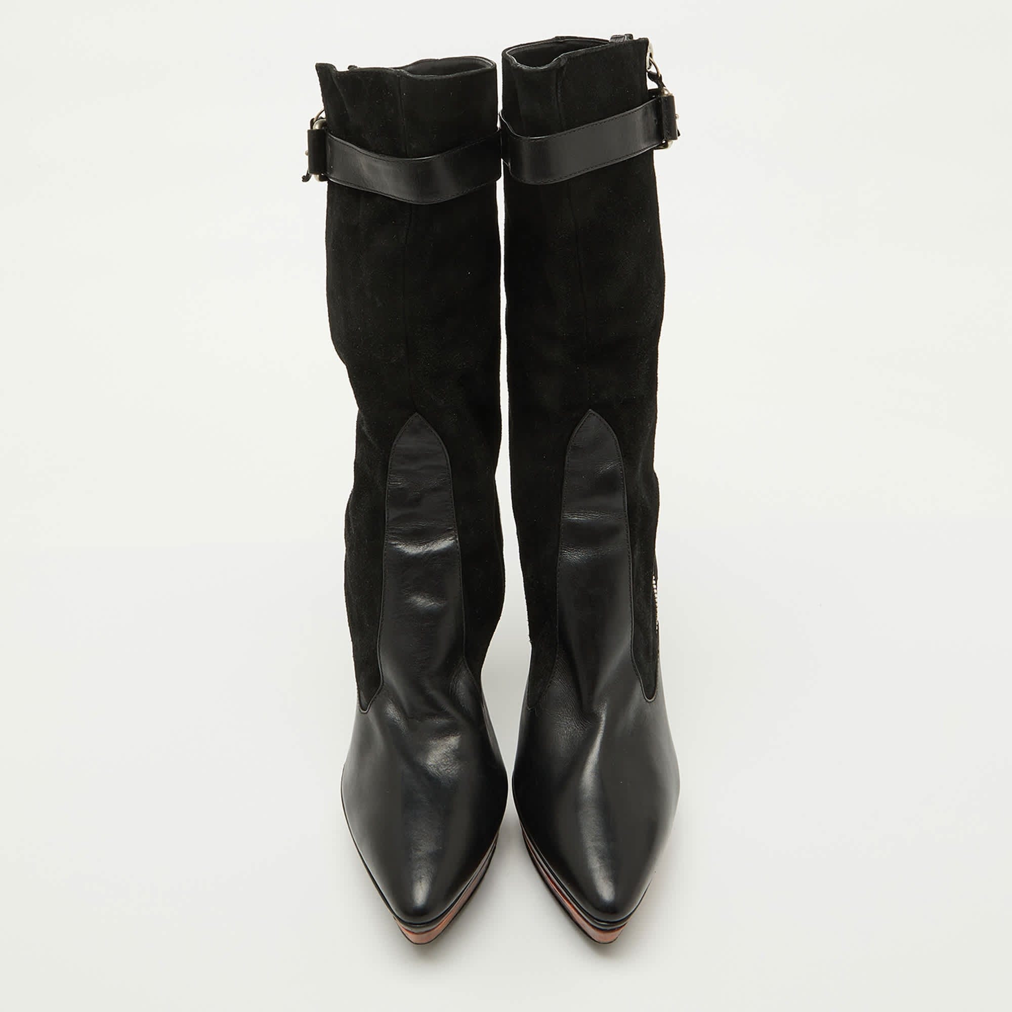 Casadei Black Suede And Leather Platform Ankle Length Boots