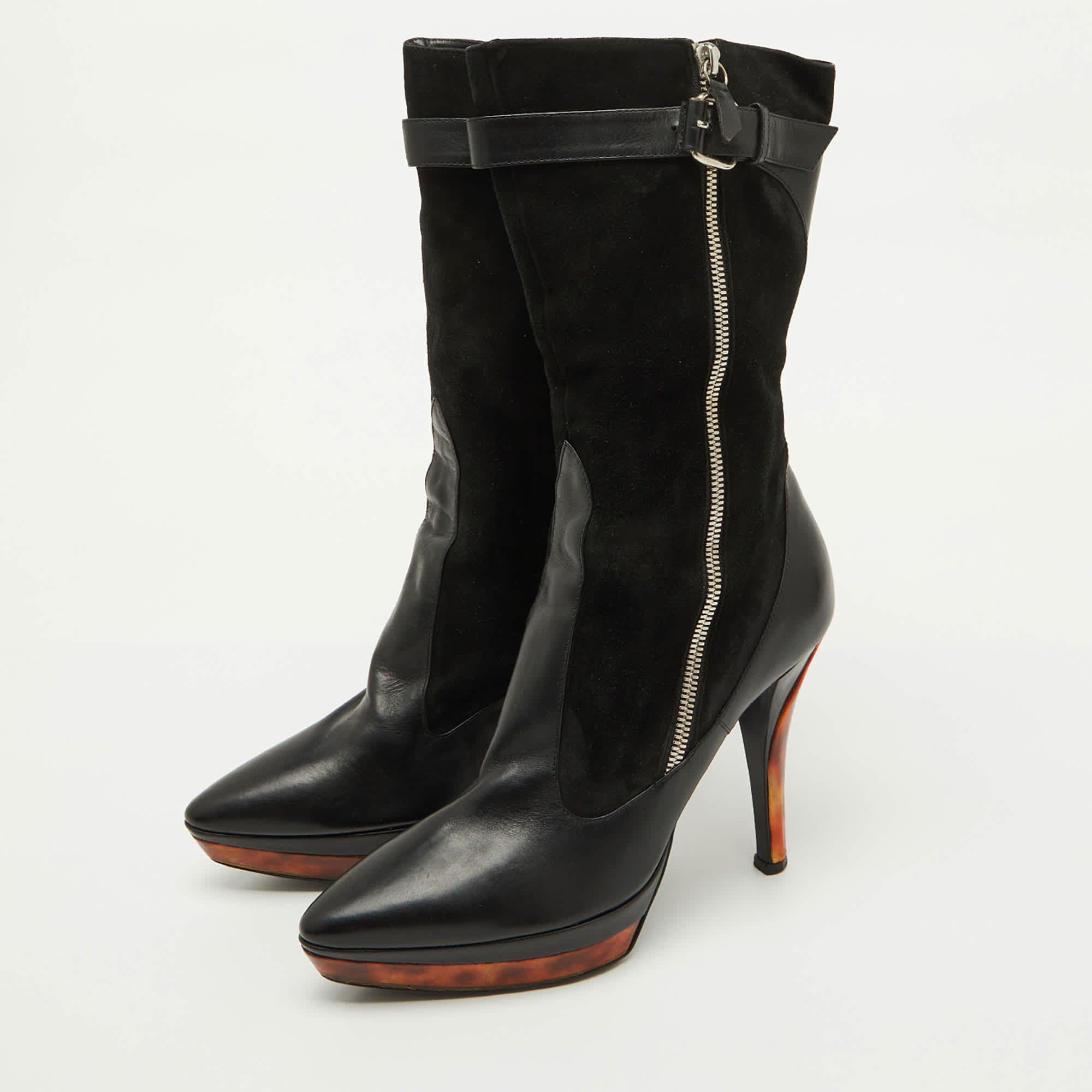 Casadei Black Suede And Leather Platform Ankle Length Boots