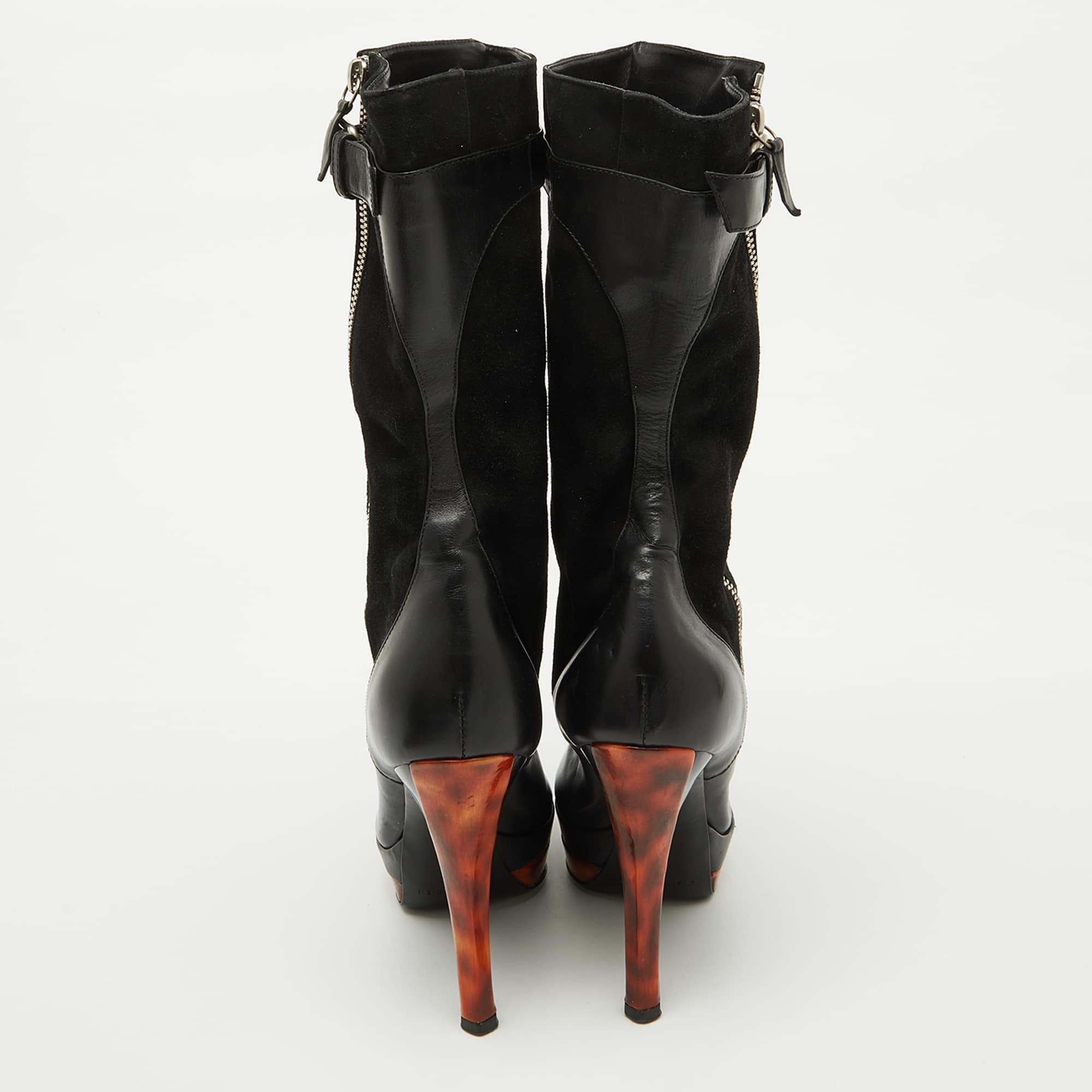 Casadei Black Suede And Leather Platform Ankle Length Boots