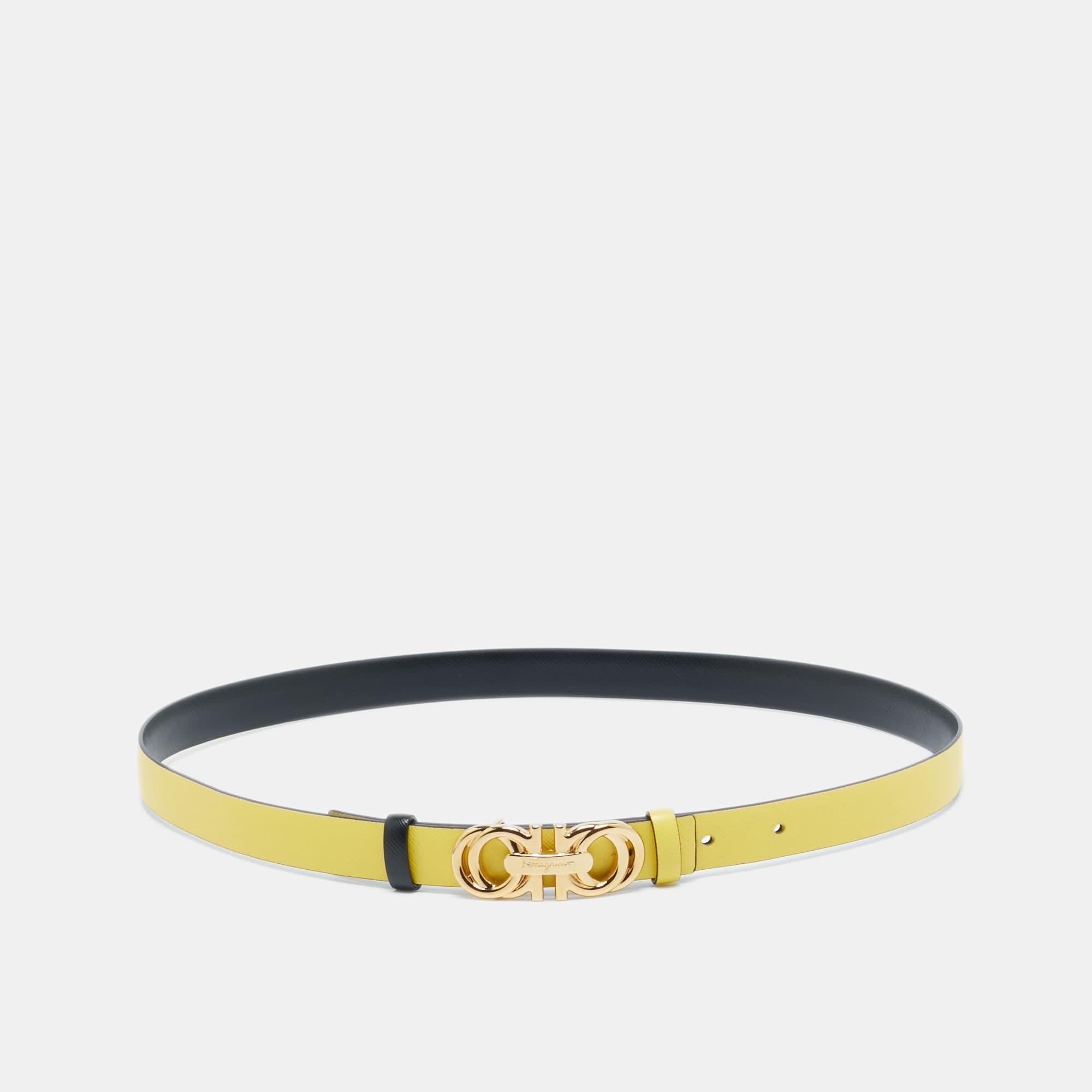 Salvatore Ferragamo Yellow/black Leather Double Gancini Reversible Slim Belt