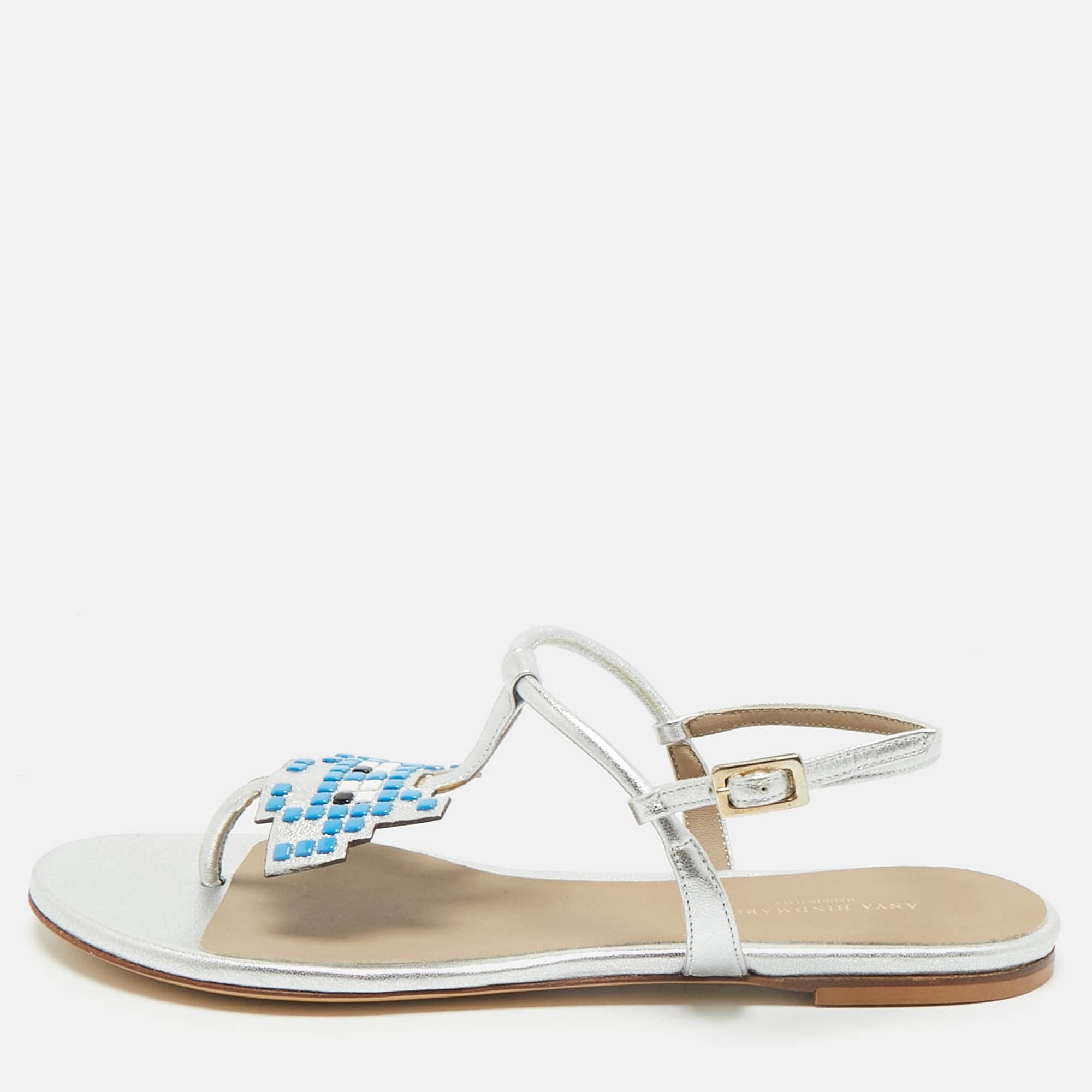 Anya Hindmarch Silver Leather Ankle Strap Flat Sandals