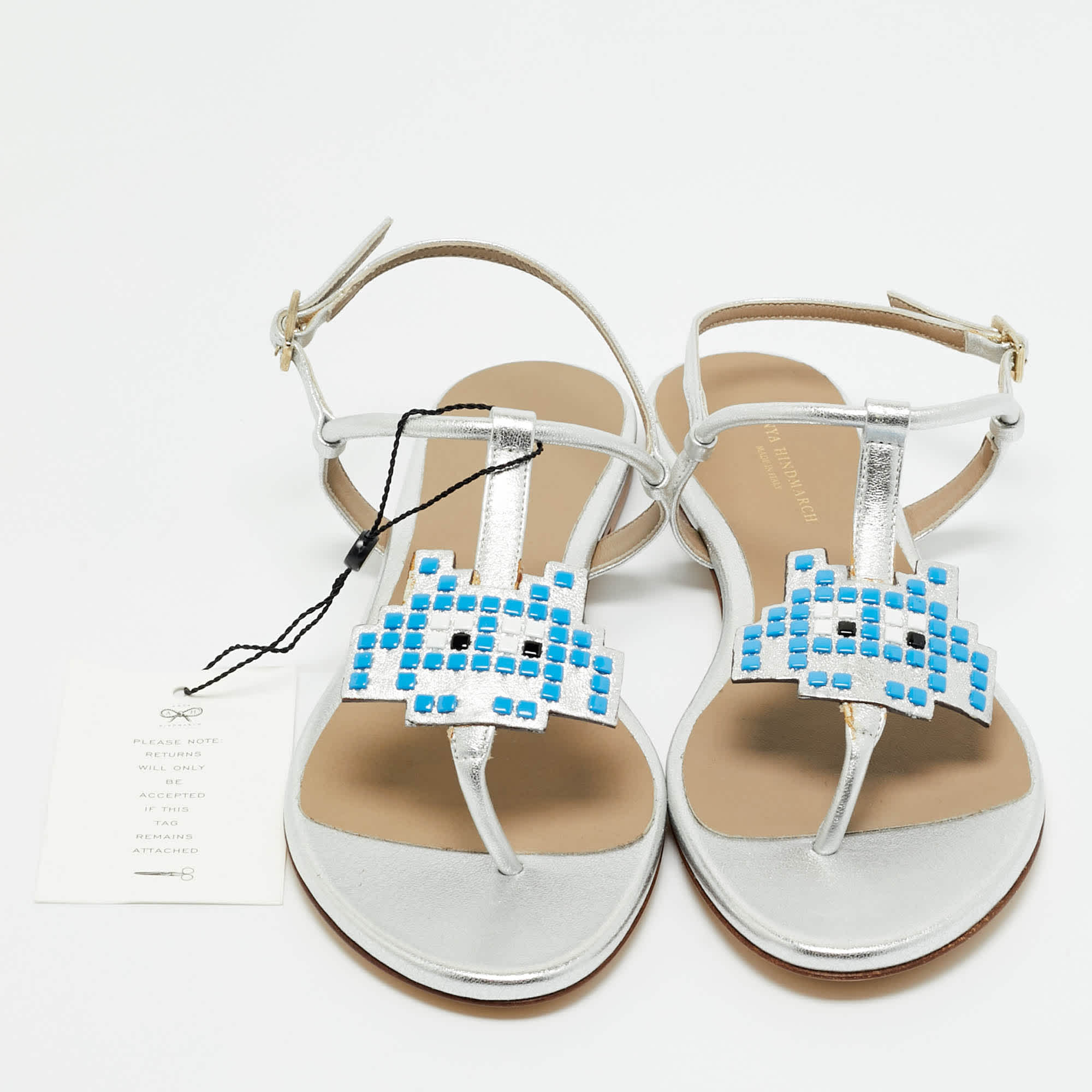 Anya Hindmarch Silver Leather Ankle Strap Flat Sandals