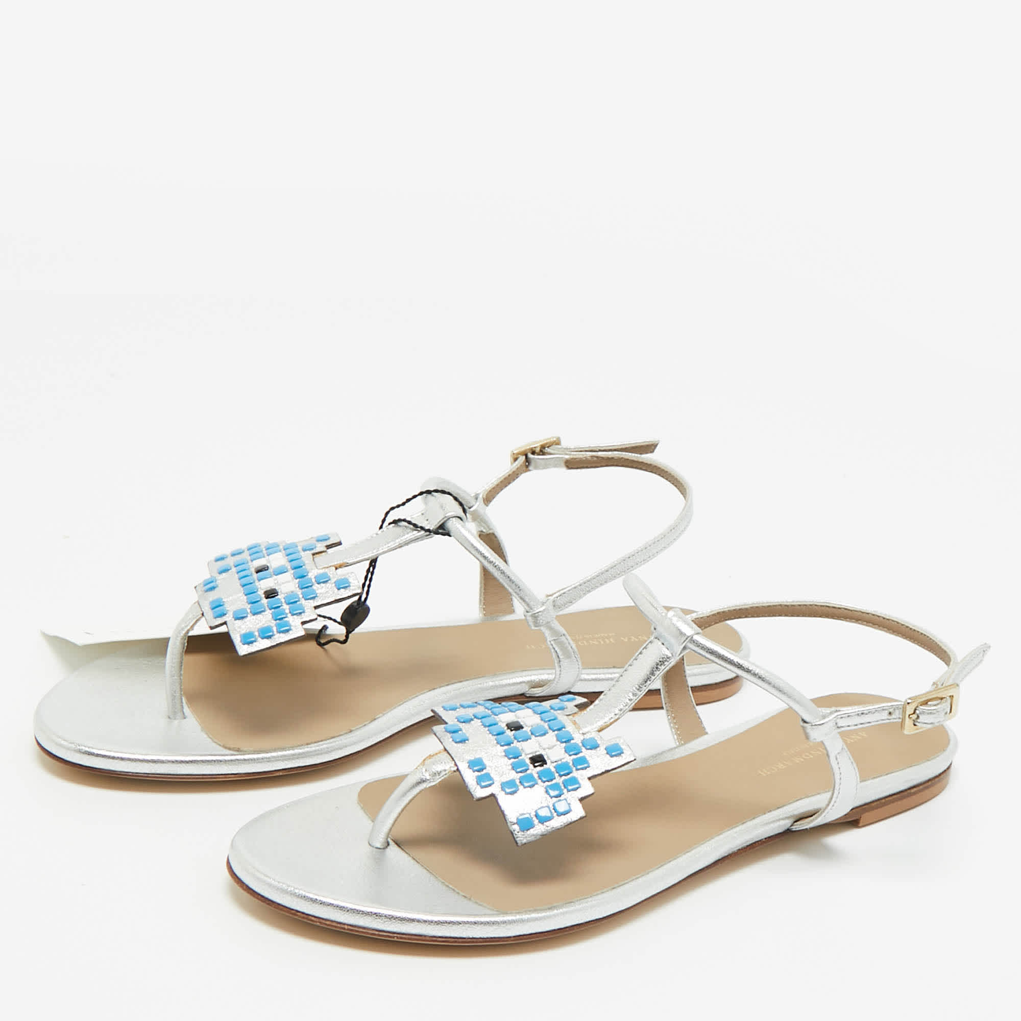 Anya Hindmarch Silver Leather Ankle Strap Flat Sandals