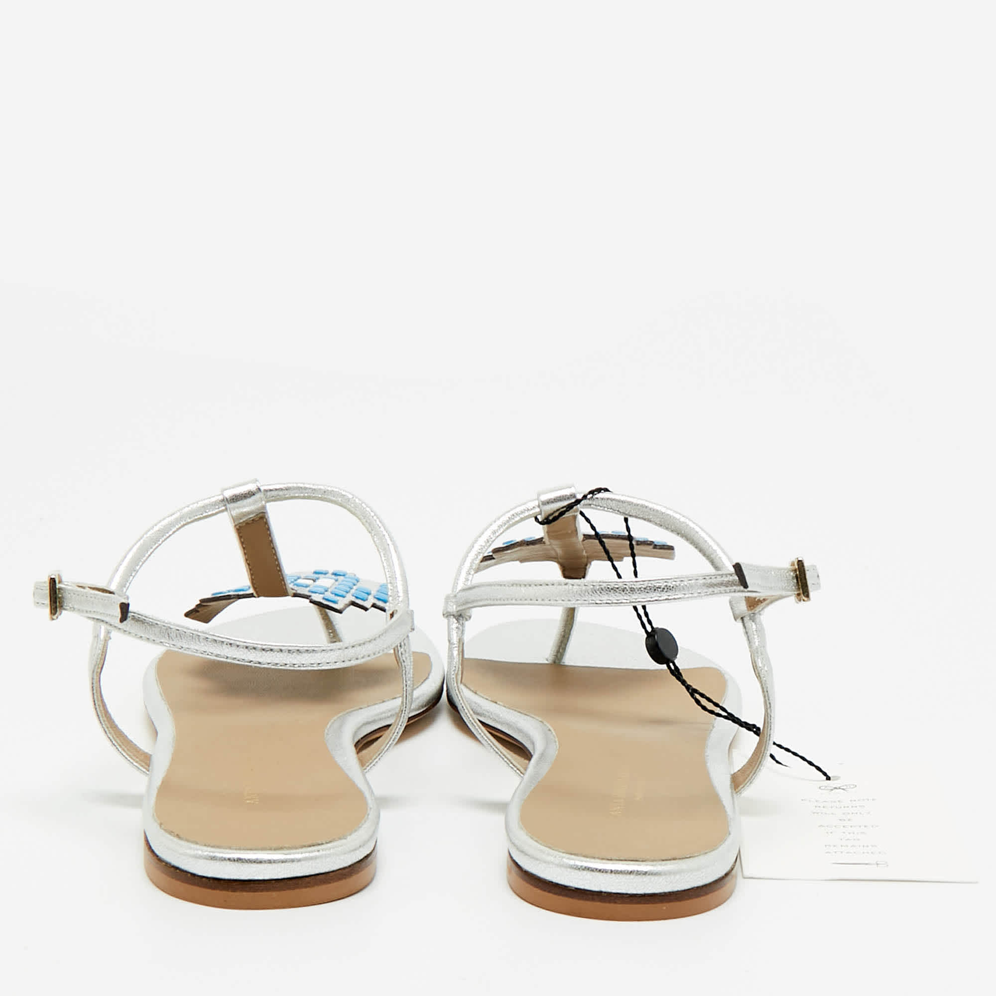 Anya Hindmarch Silver Leather Ankle Strap Flat Sandals