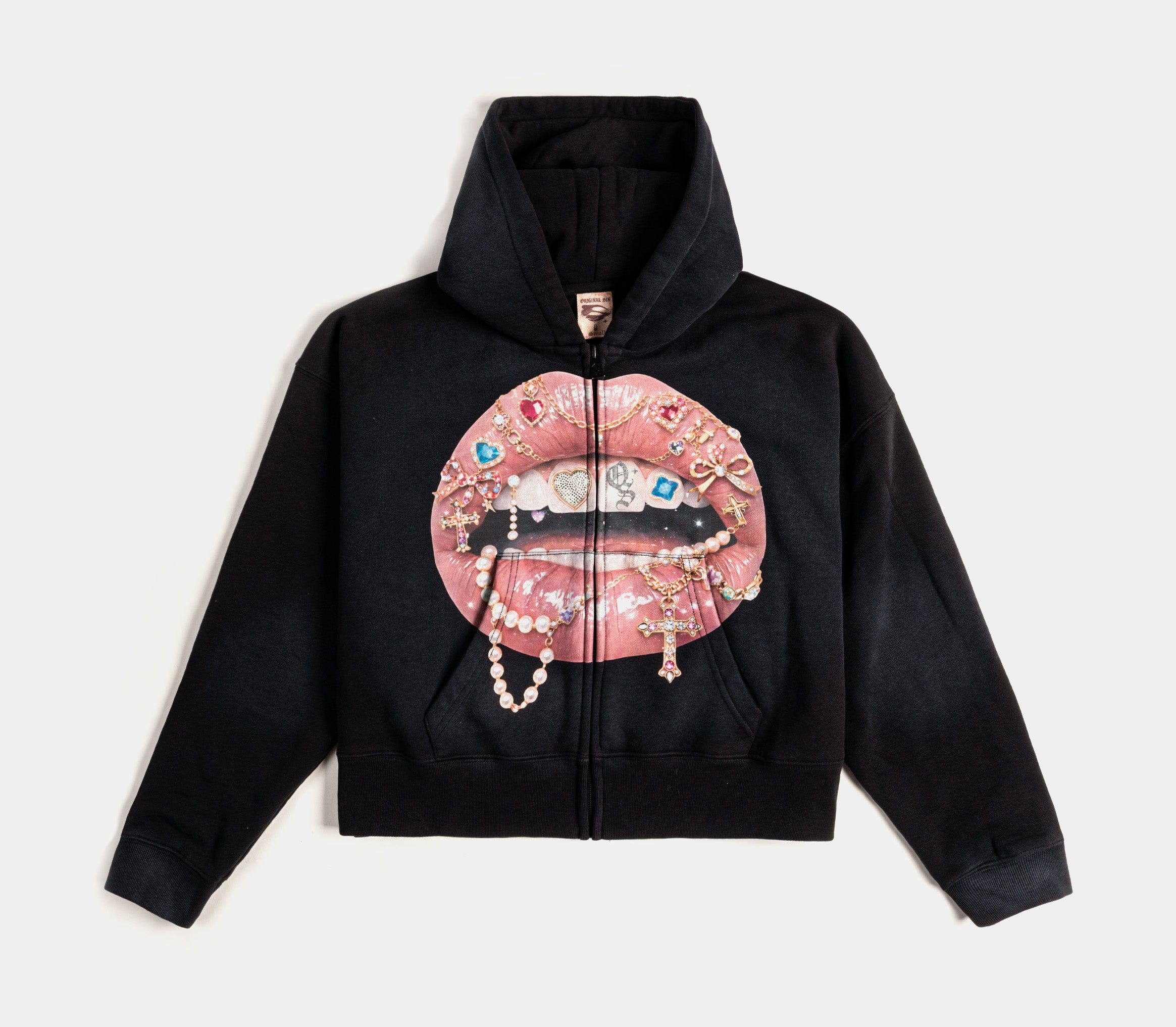 Original SIN Spoiled Lips Full Zip Womens Hoodie (Black/Pink)
