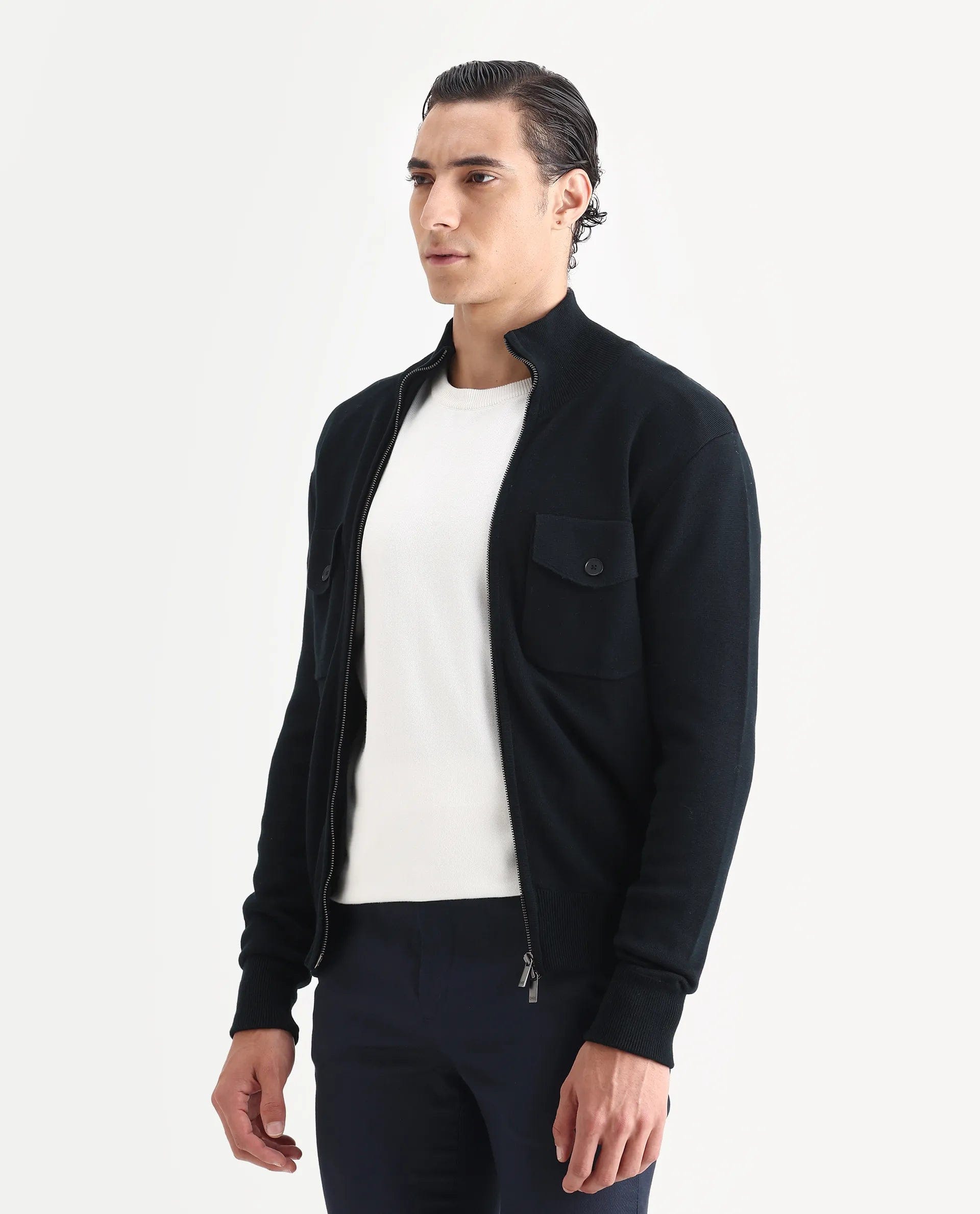 RARE Rabbit Men's Freddo Black Cotton Plain Regular Fit Full Sleeve Stand Collar Jacket