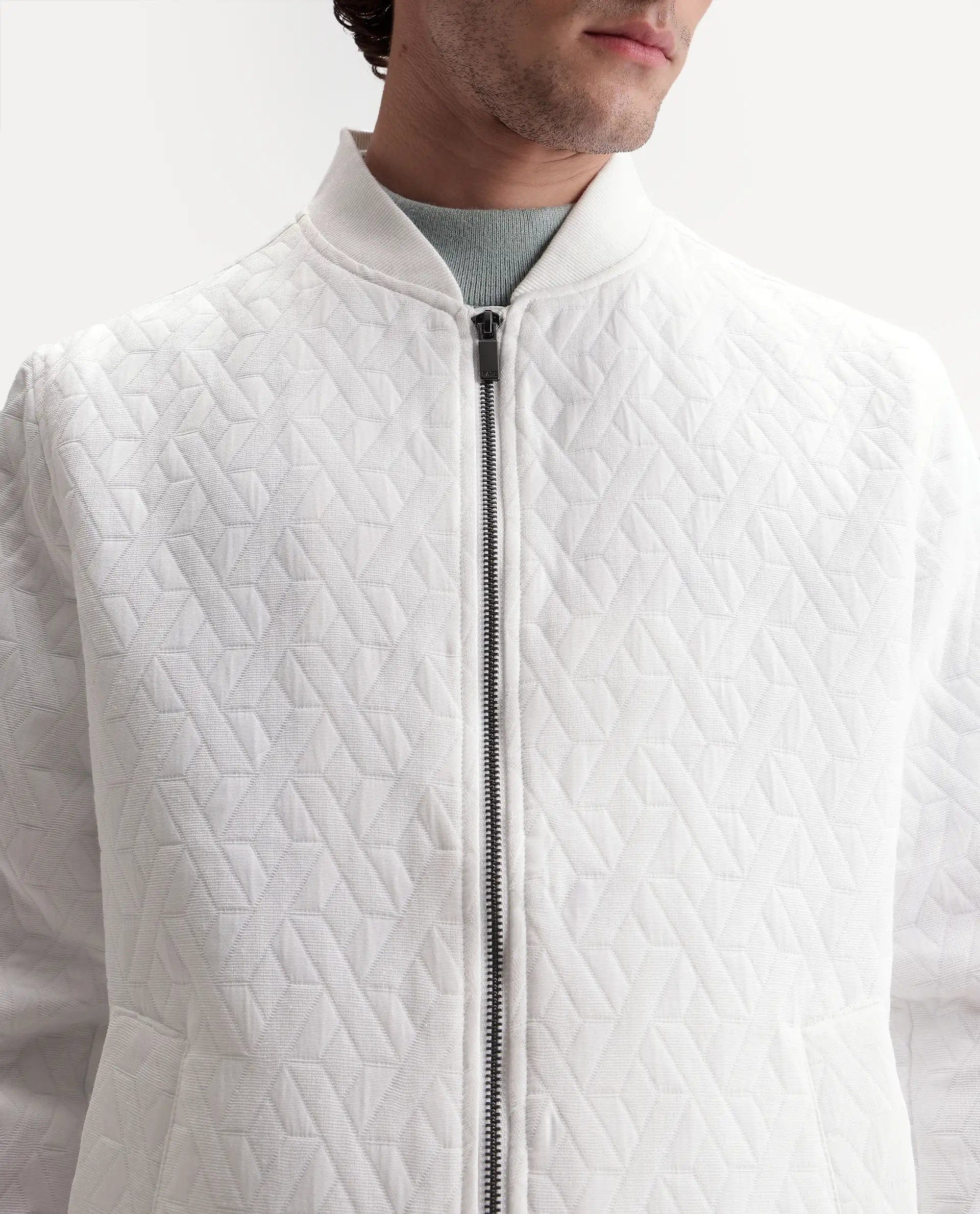RARE Rabbit Men's Orin Primary White Polyester Blend Ribbed Collar Regular Jacquard Jacket